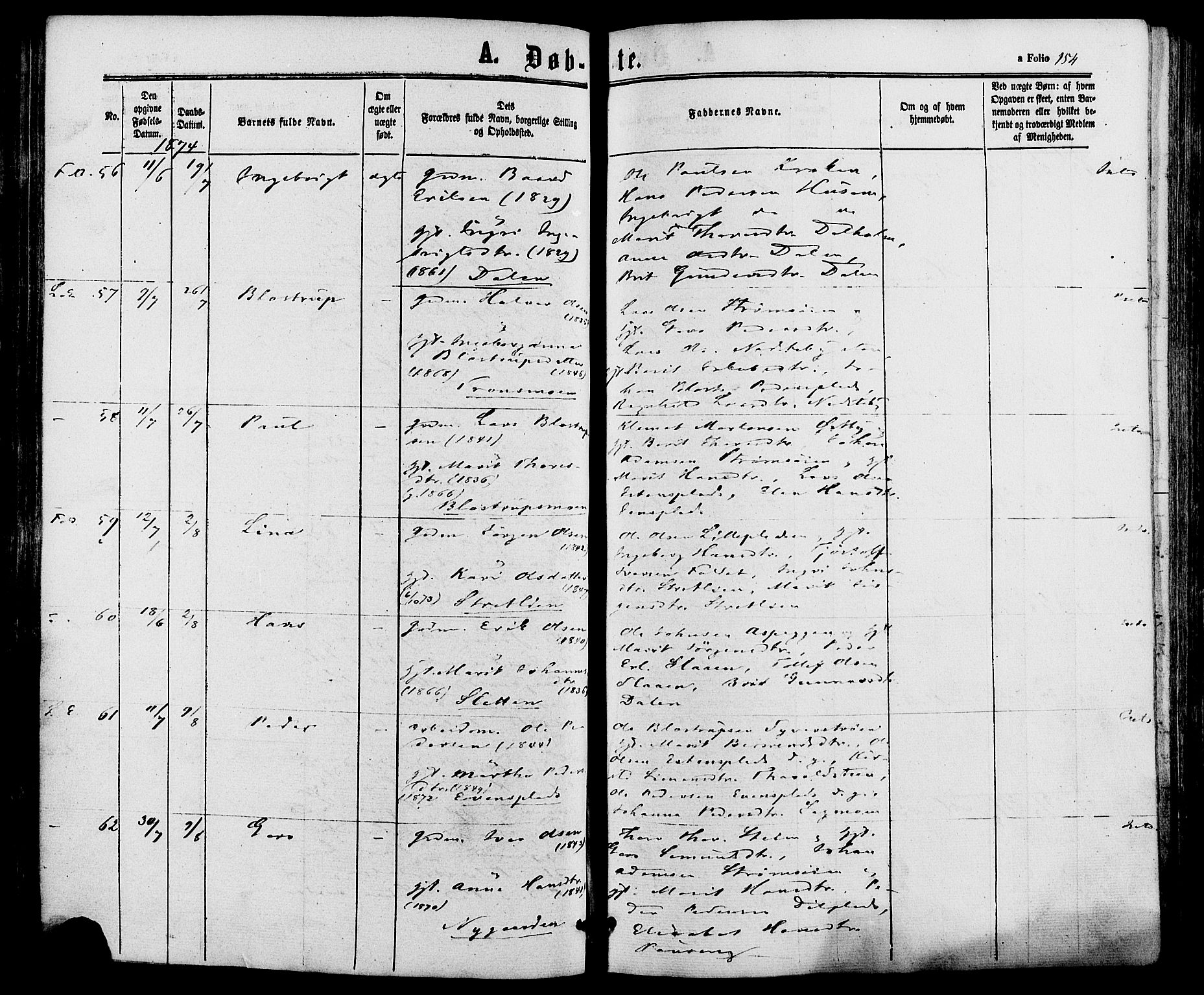 Alvdal prestekontor, AV/SAH-PREST-060/H/Ha/Haa/L0001: Parish register (official) no. 1, 1863-1882, p. 154