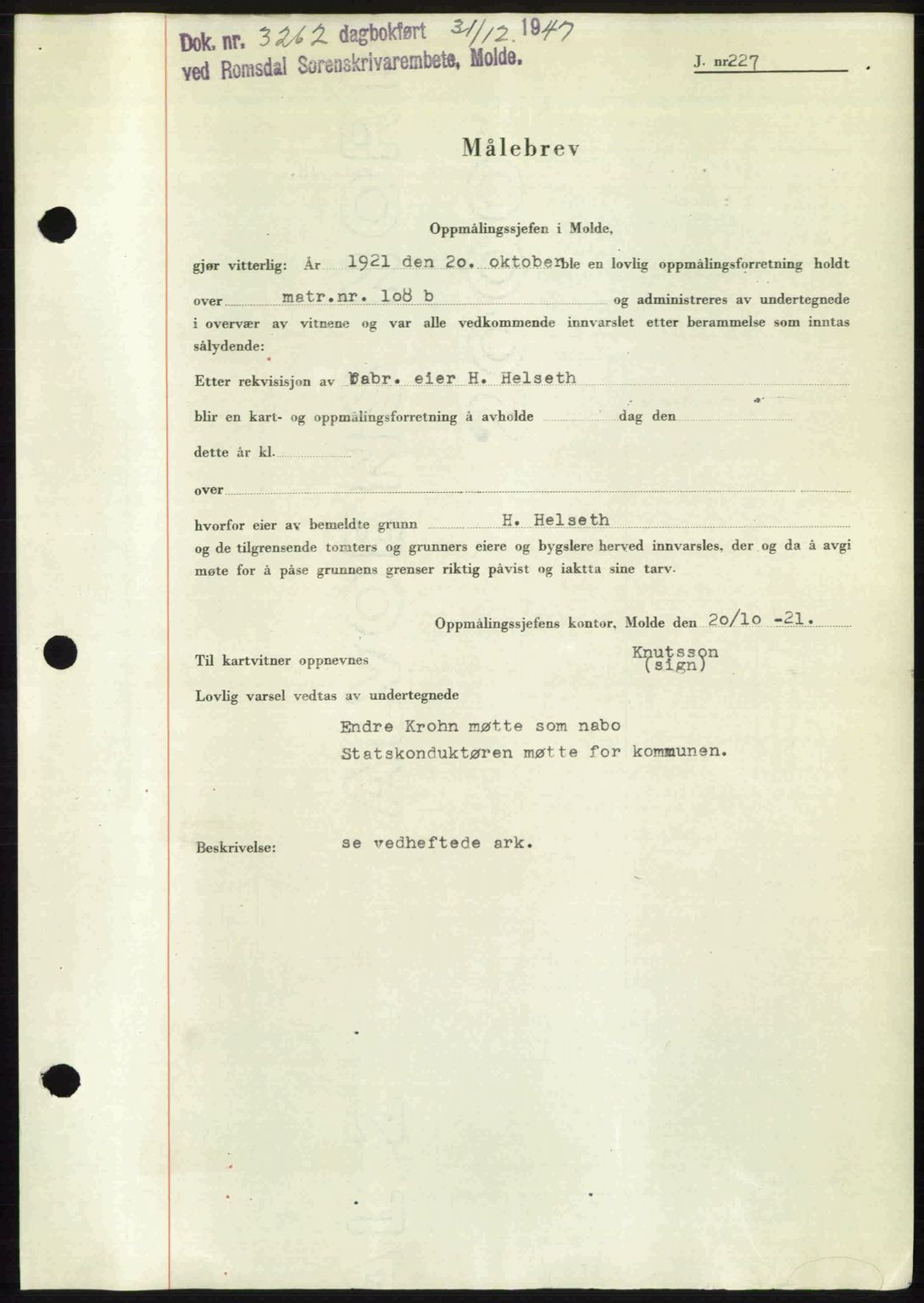 Romsdal sorenskriveri, SAT/A-4149/1/2/2C: Mortgage book no. A24, 1947-1947, Diary no: : 3262/1947
