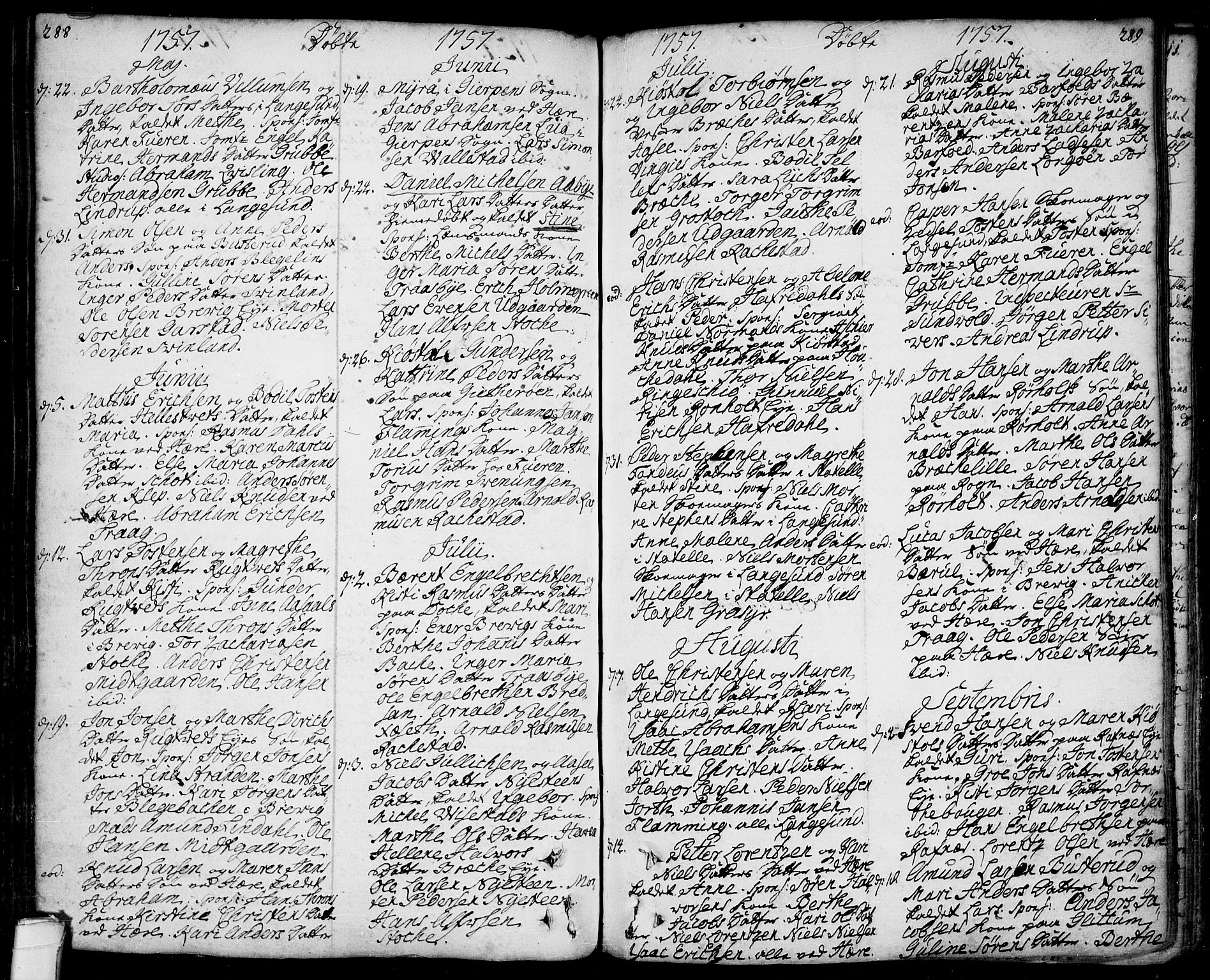 Bamble kirkebøker, SAKO/A-253/F/Fa/L0001: Parish register (official) no. I 1, 1702-1774, p. 288-289