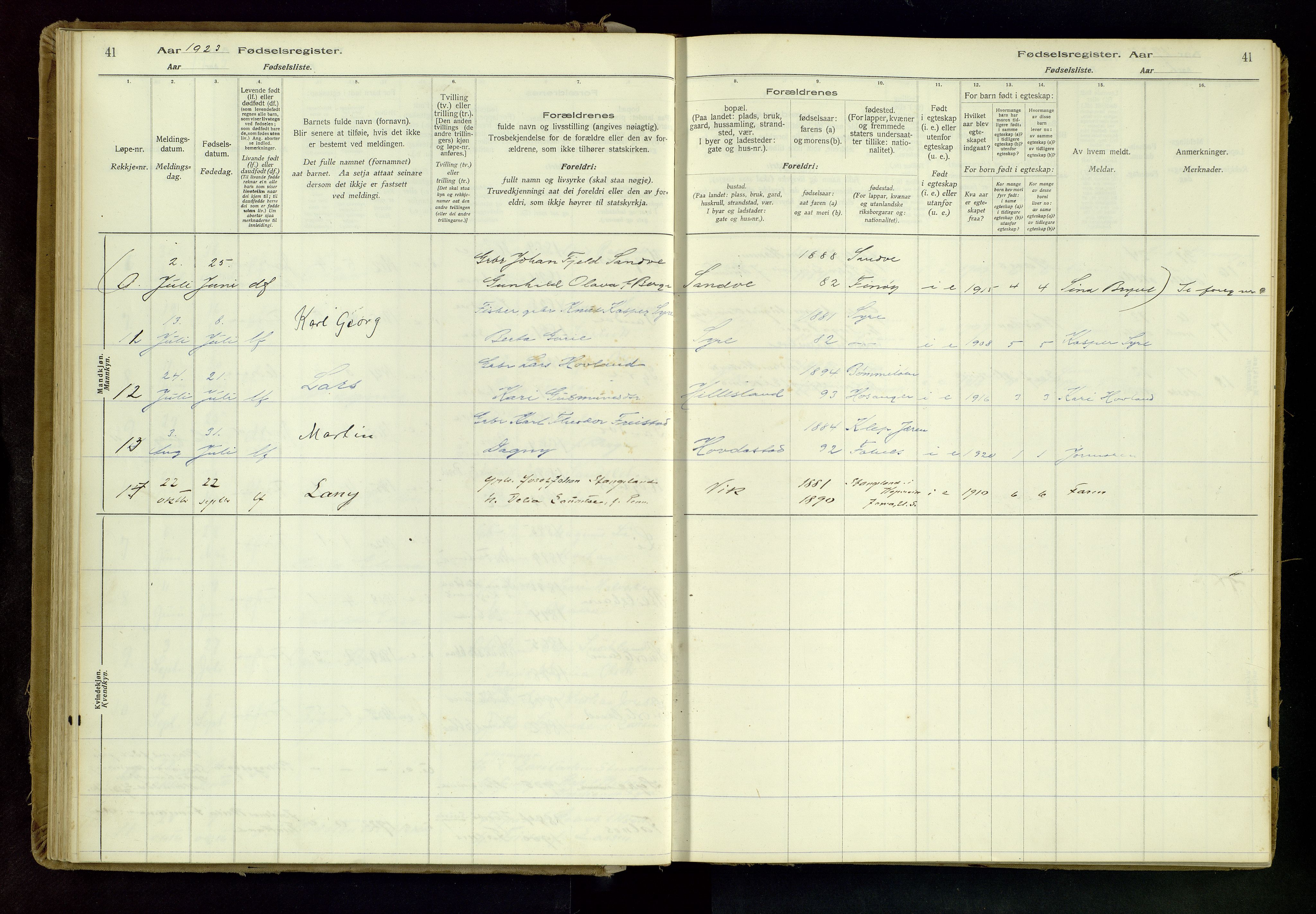 Skudenes sokneprestkontor, AV/SAST-A -101849/I/Id/L0001: Birth register no. 1, 1916-1964, p. 41