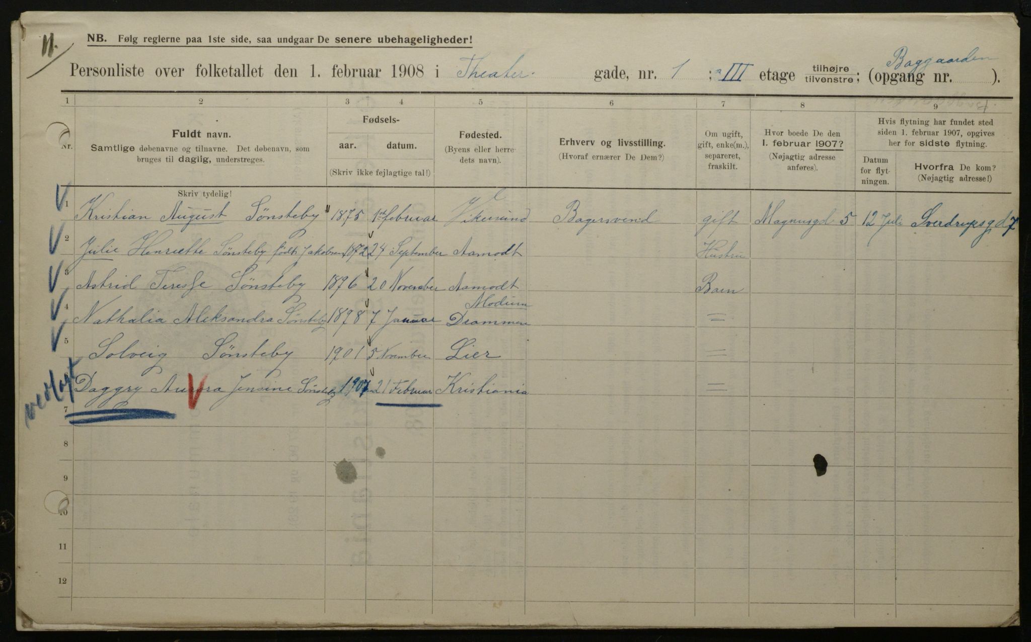 OBA, Municipal Census 1908 for Kristiania, 1908, p. 96190