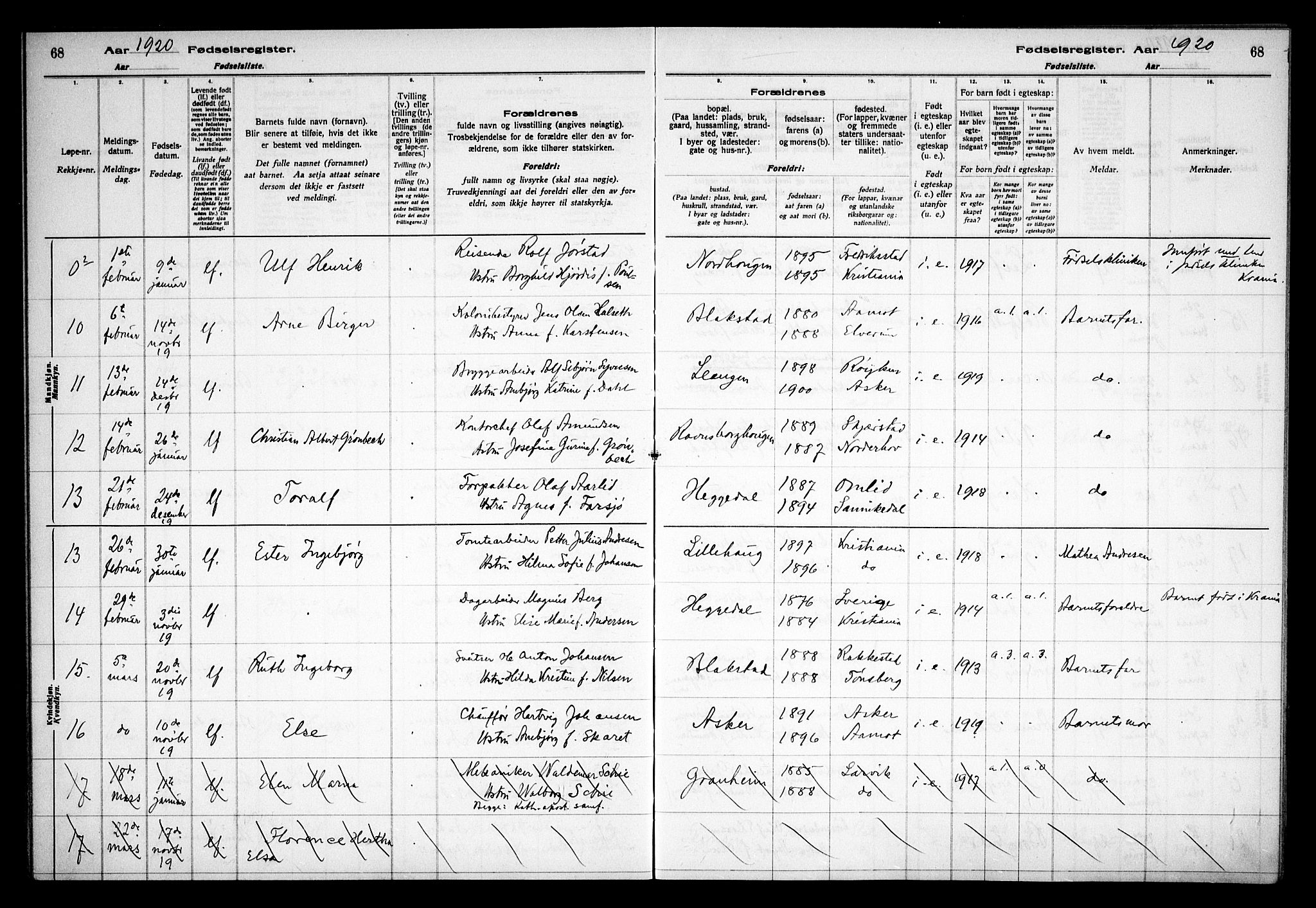 Asker prestekontor Kirkebøker, AV/SAO-A-10256a/J/L0001: Birth register no. 1, 1916-1925, p. 68