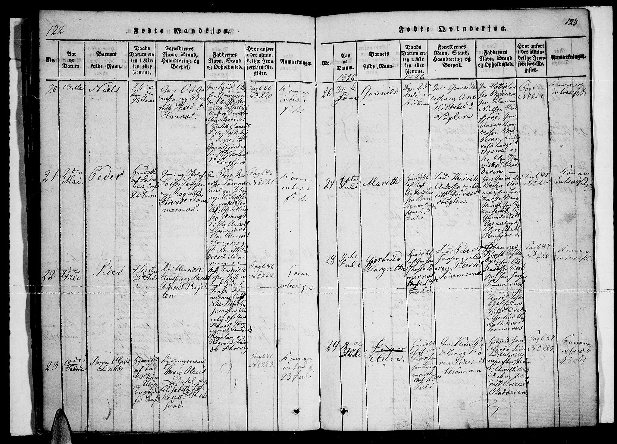 Skjervøy sokneprestkontor, AV/SATØ-S-1300/H/Ha/Haa/L0004kirke: Parish register (official) no. 4, 1820-1838, p. 122-123