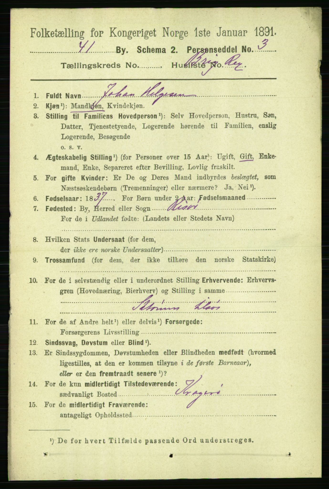 RA, 1891 census for 1101 Egersund, 1891, p. 3079