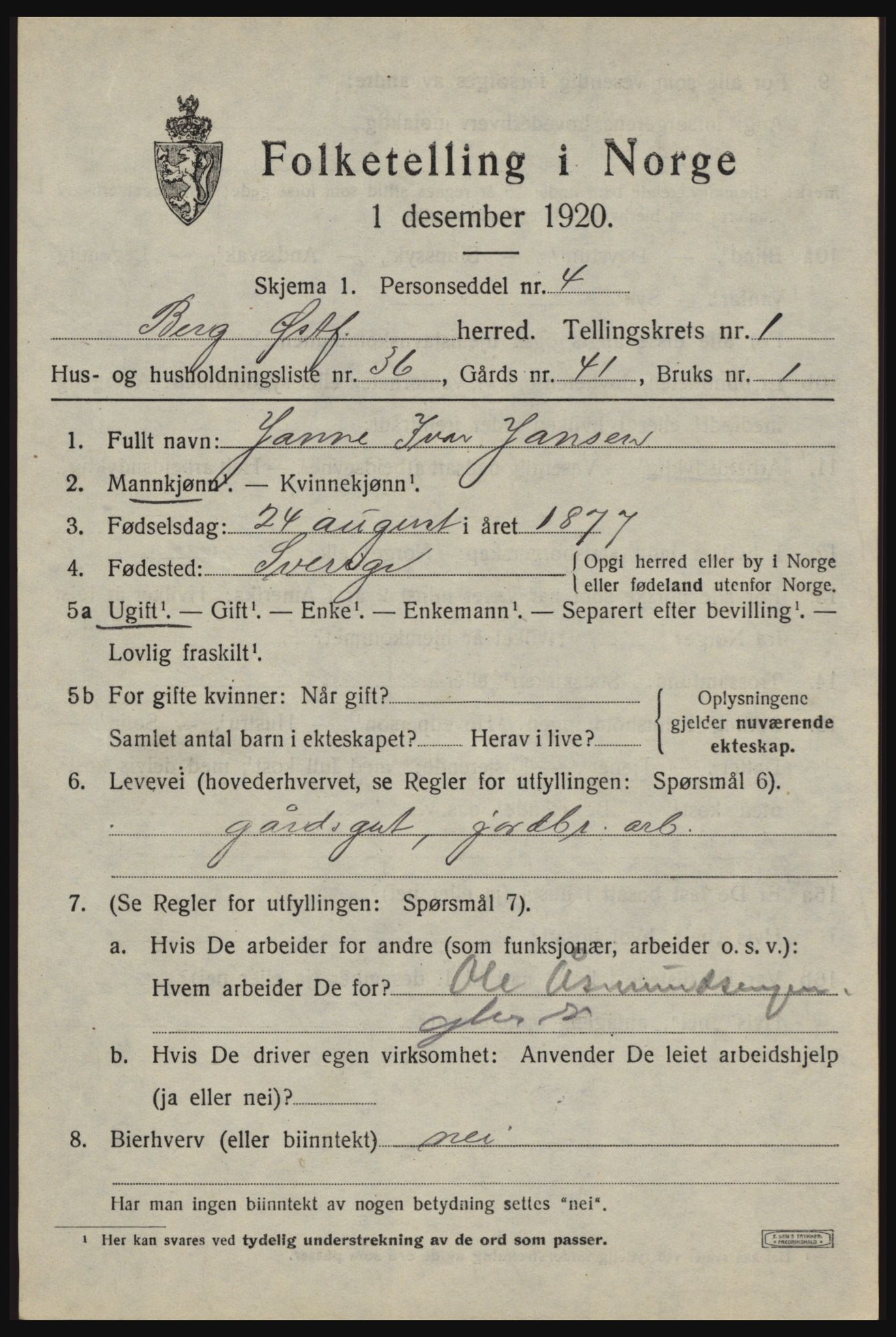 SAO, 1920 census for Berg, 1920, p. 2435
