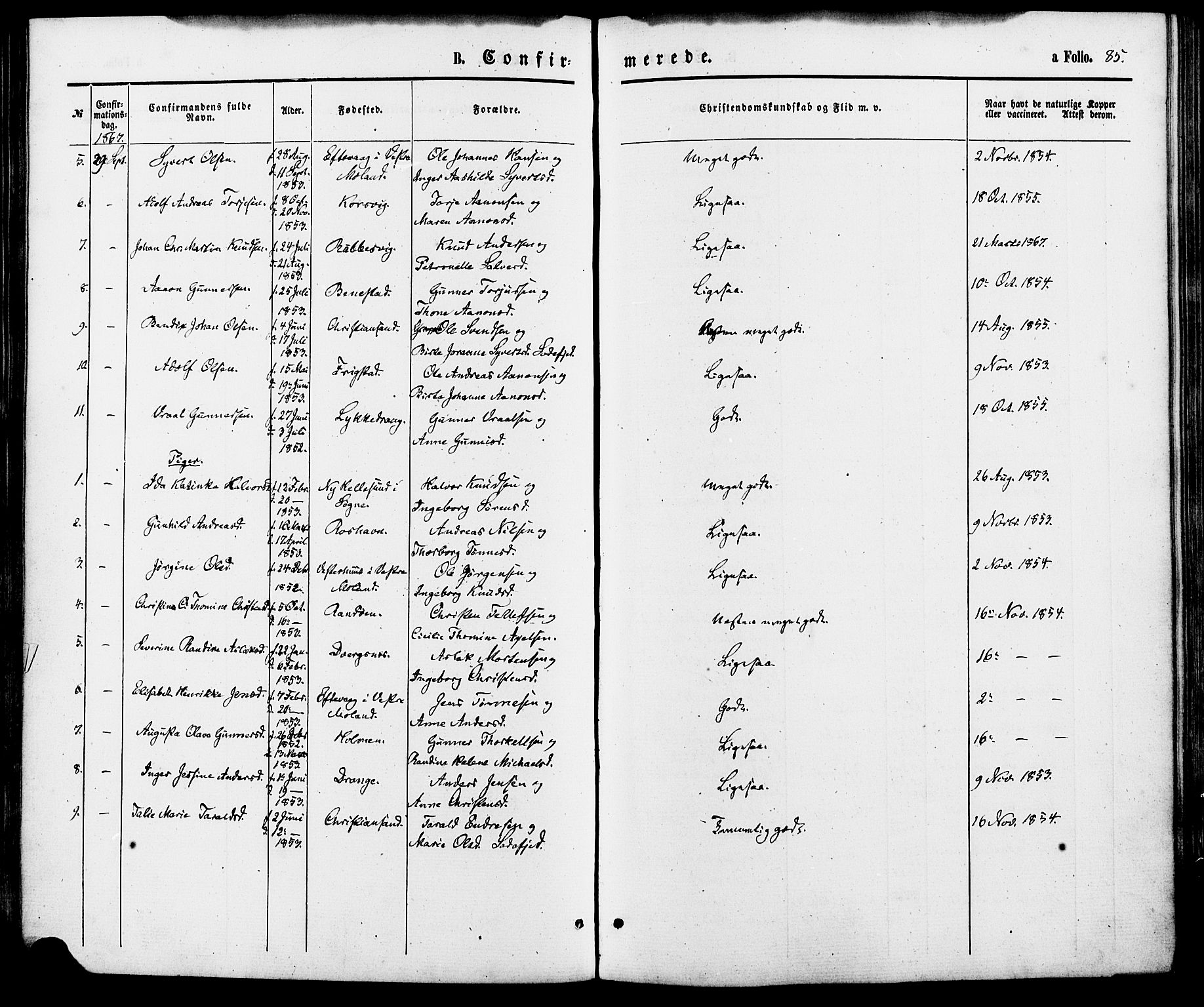 Oddernes sokneprestkontor, AV/SAK-1111-0033/F/Fa/Fab/L0001: Parish register (official) no. A 1, 1865-1884, p. 85