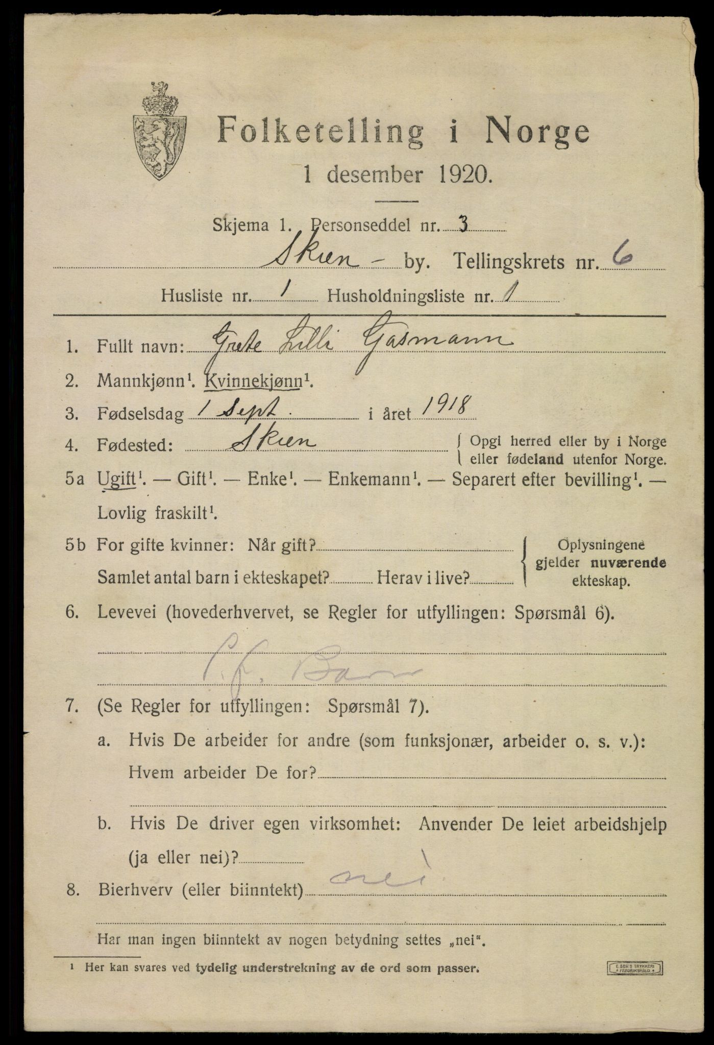 SAKO, 1920 census for Skien, 1920, p. 21830