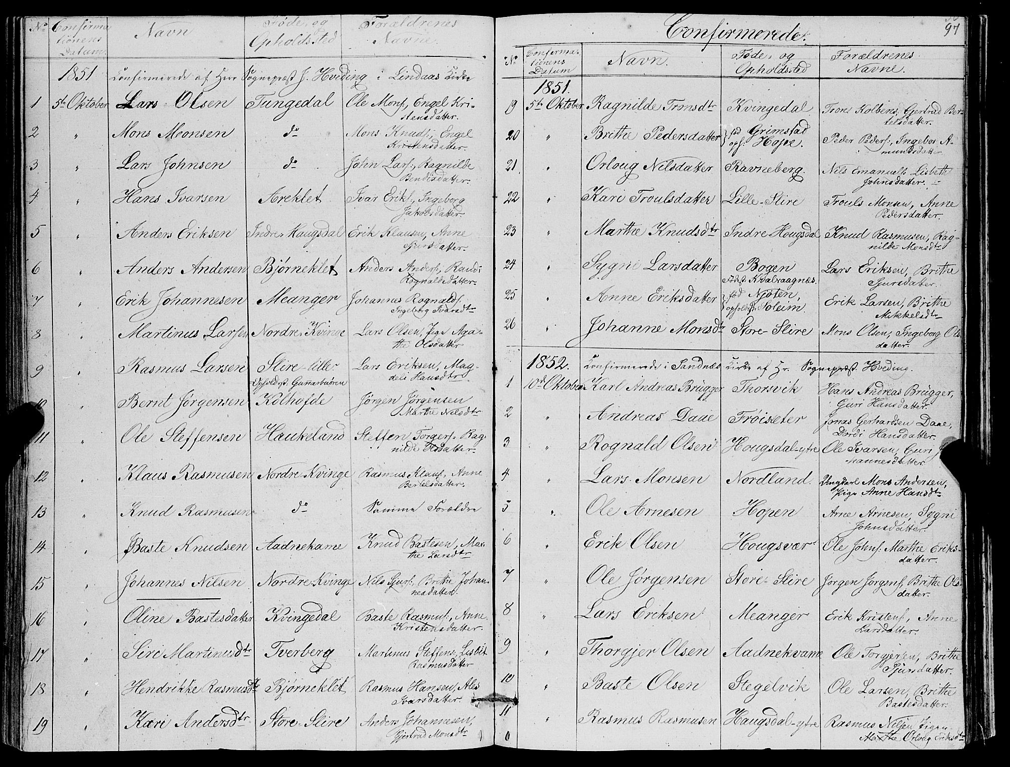 Masfjorden Sokneprestembete, SAB/A-77001: Parish register (copy) no. A 1, 1851-1875, p. 97