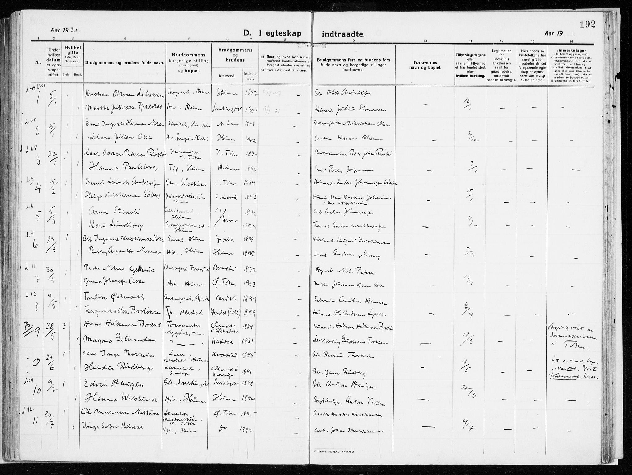 Vardal prestekontor, AV/SAH-PREST-100/H/Ha/Haa/L0017: Parish register (official) no. 17, 1915-1929, p. 192