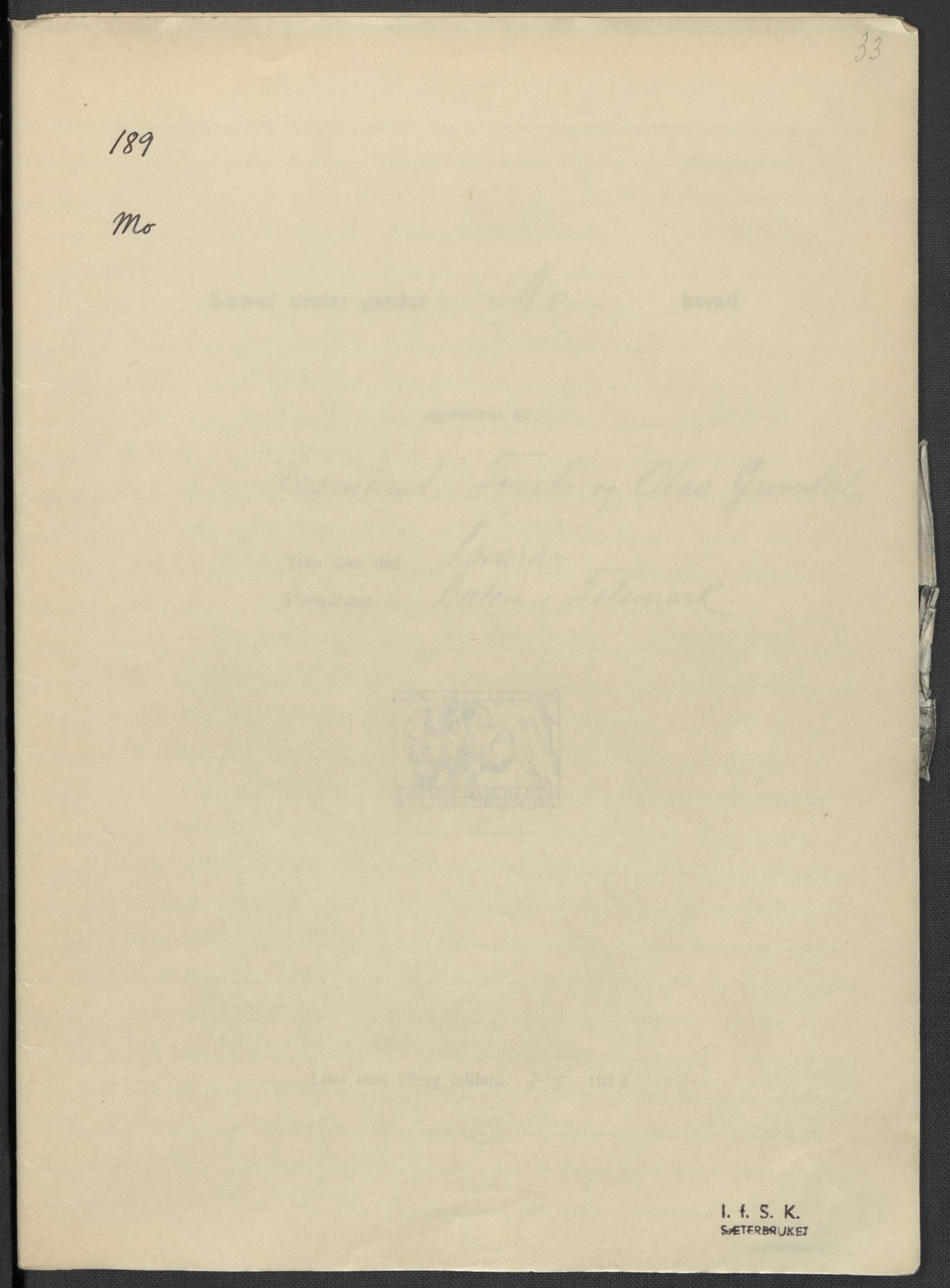 Instituttet for sammenlignende kulturforskning, RA/PA-0424/F/Fc/L0007/0003: Eske B7: / Telemark (perm XVIII), 1934, p. 33