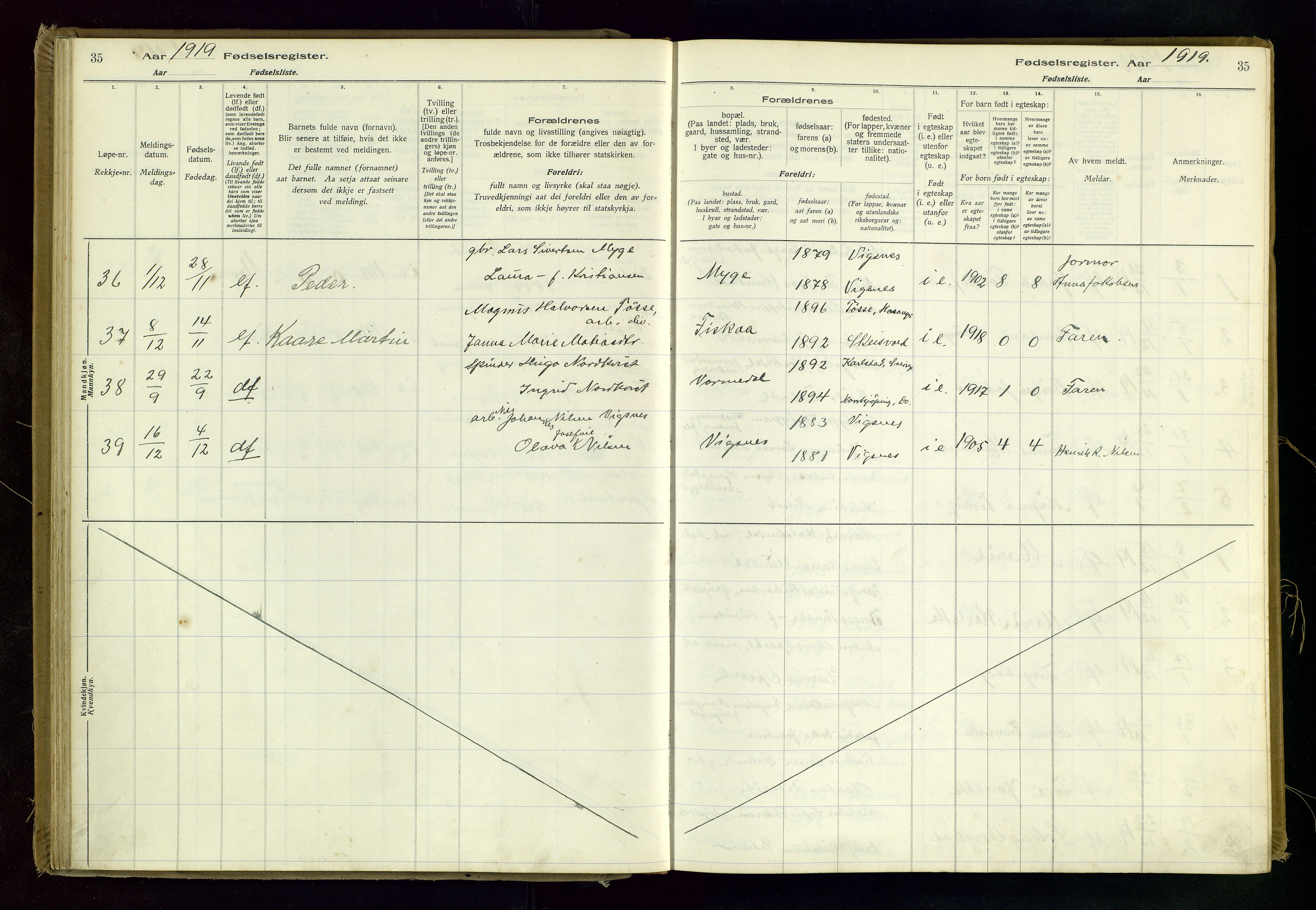 Avaldsnes sokneprestkontor, AV/SAST-A -101851/I/Id/L0001: Birth register no. 1, 1916-1946, p. 35