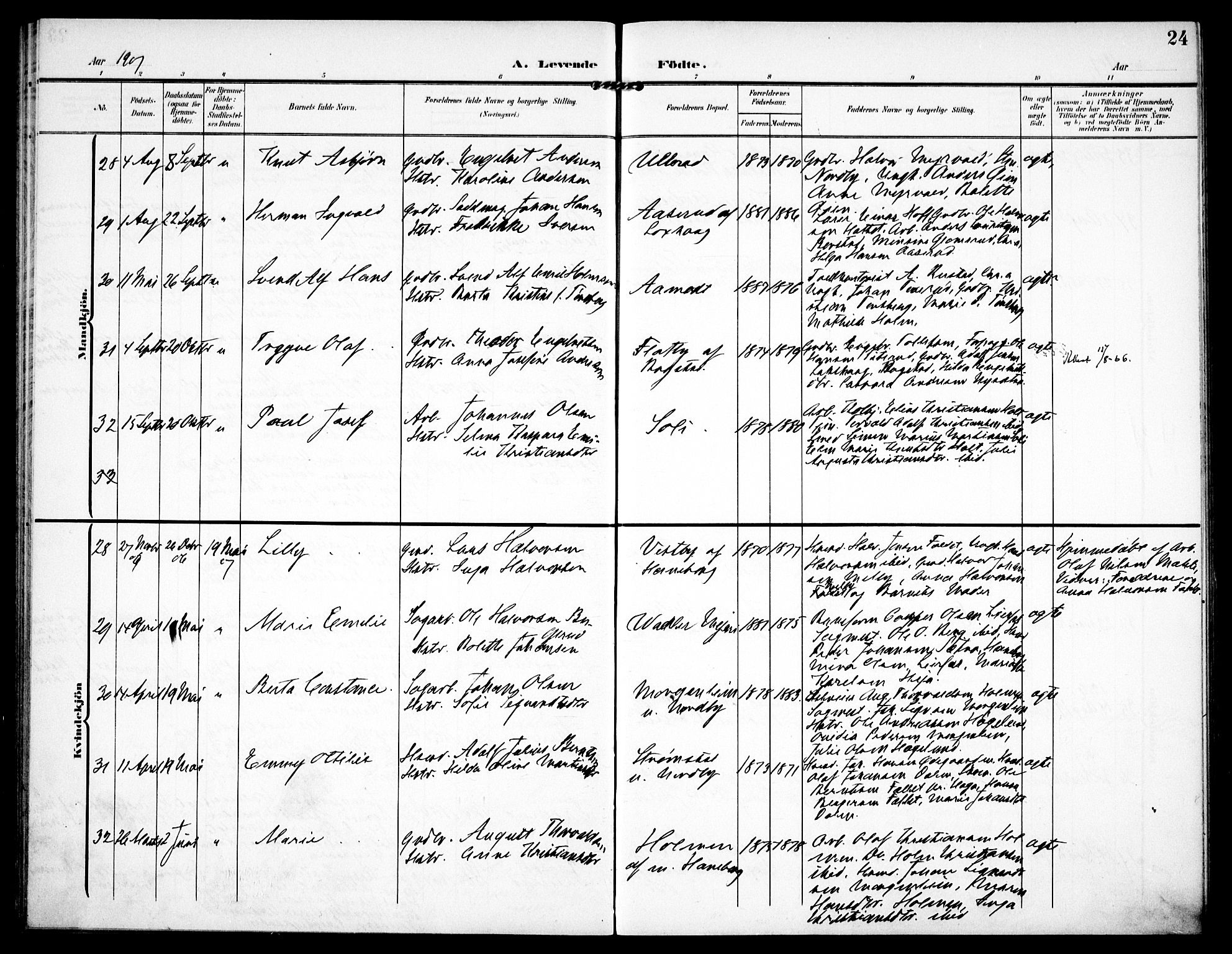 Aurskog prestekontor Kirkebøker, SAO/A-10304a/F/Fa/L0011: Parish register (official) no. I 11, 1905-1911, p. 24