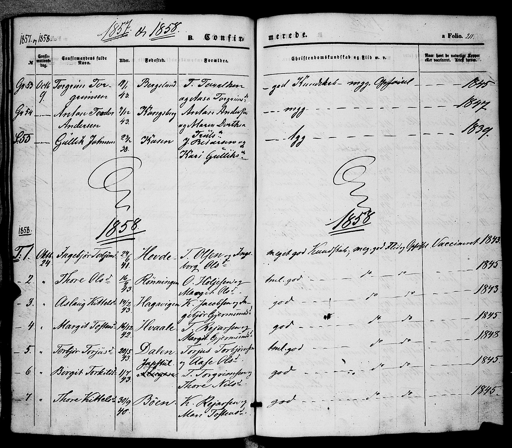 Hjartdal kirkebøker, SAKO/A-270/F/Fa/L0008: Parish register (official) no. I 8, 1844-1859, p. 211