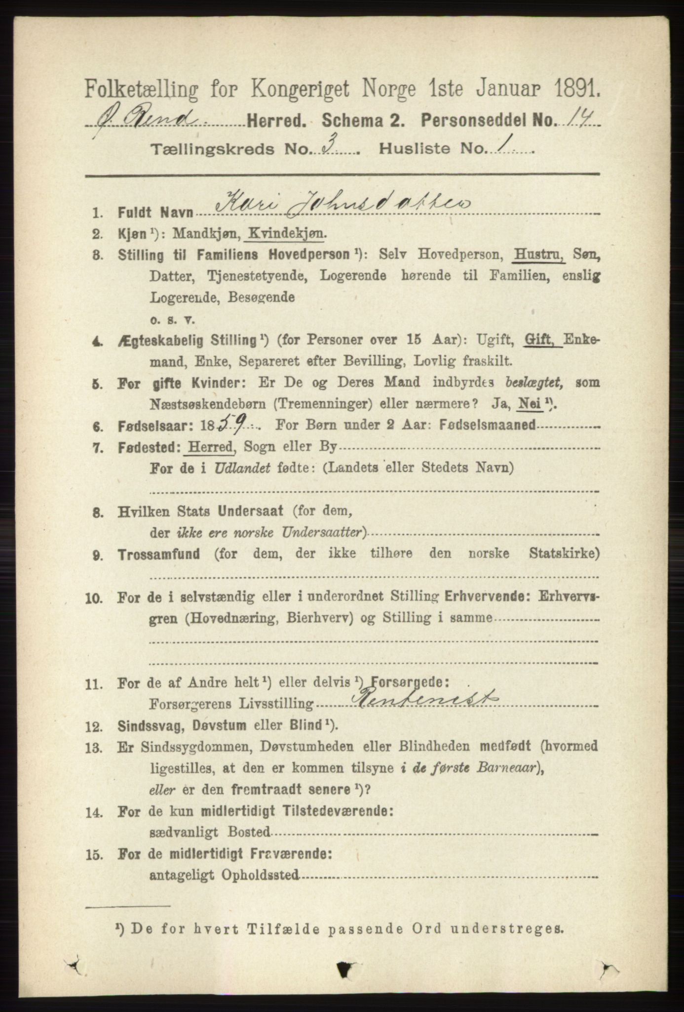 RA, 1891 census for 0433 Øvre Rendal, 1891, p. 831