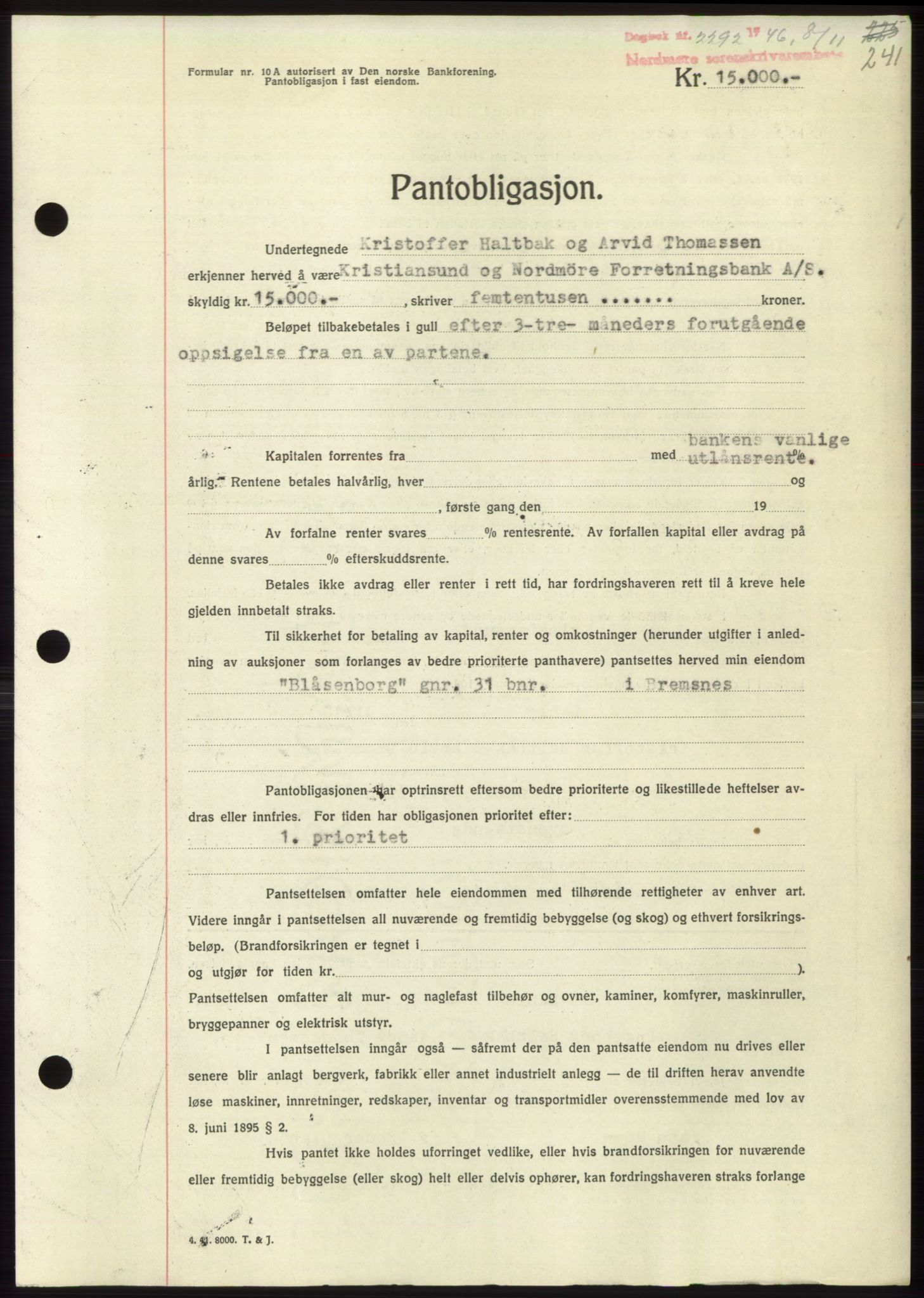 Nordmøre sorenskriveri, AV/SAT-A-4132/1/2/2Ca: Mortgage book no. B95, 1946-1947, Diary no: : 2292/1946