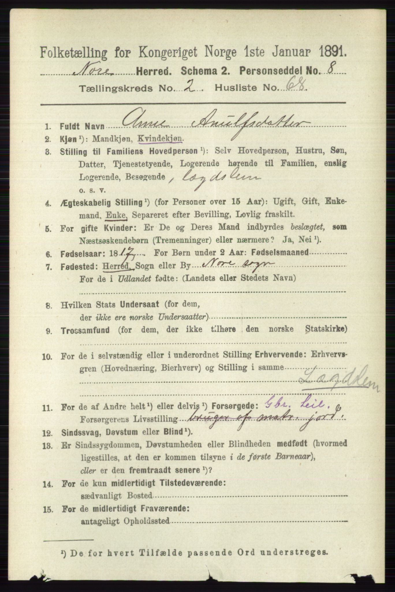 RA, 1891 census for 0633 Nore, 1891, p. 645