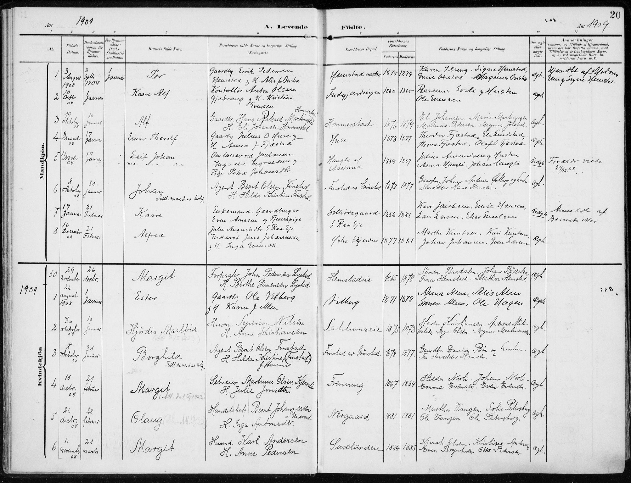 Stange prestekontor, SAH/PREST-002/K/L0024: Parish register (official) no. 24, 1906-1922, p. 20