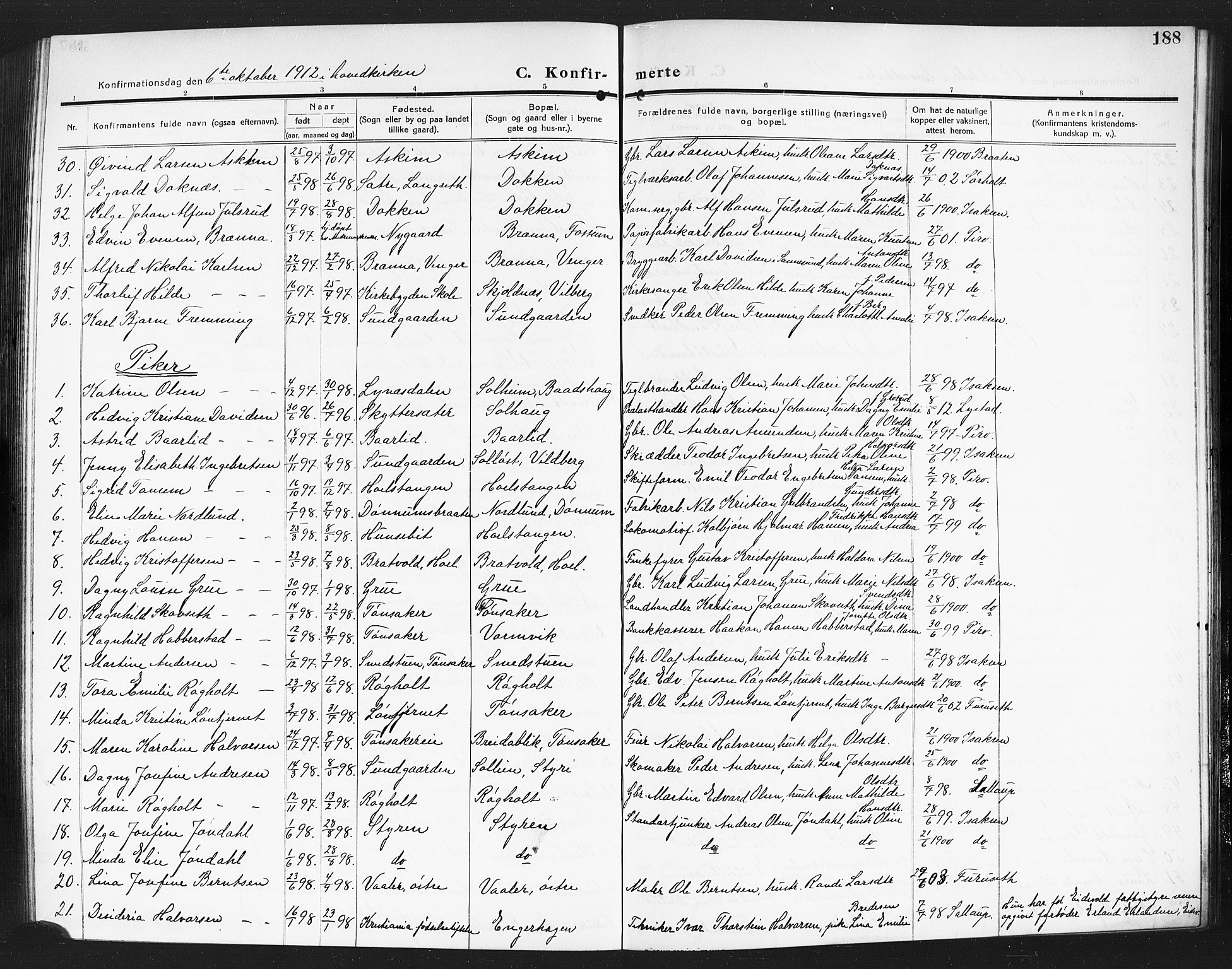 Eidsvoll prestekontor Kirkebøker, SAO/A-10888/G/Ga/L0008: Parish register (copy) no. I 8, 1909-1918, p. 188