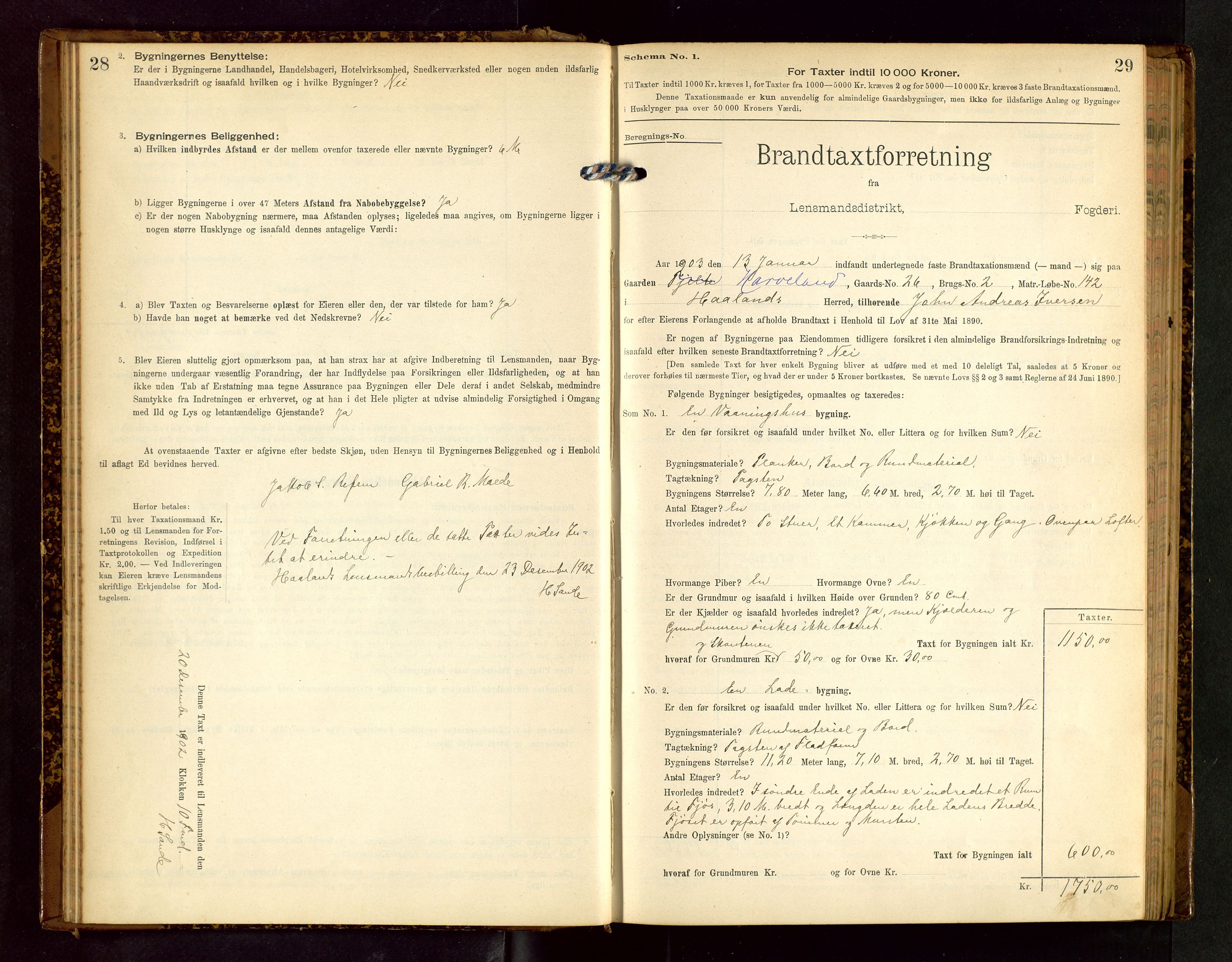 Håland lensmannskontor, SAST/A-100100/Gob/L0002: Branntakstprotokoll - skjematakst. Register i boken., 1902-1906, p. 28-29