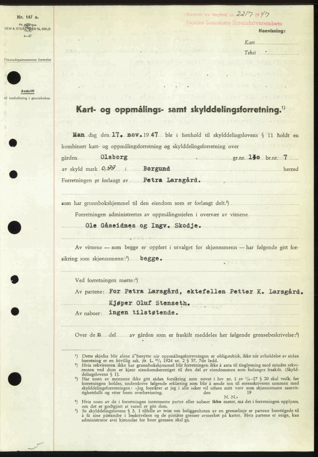 Nordre Sunnmøre sorenskriveri, AV/SAT-A-0006/1/2/2C/2Ca: Mortgage book no. A26, 1947-1948, Diary no: : 2217/1947