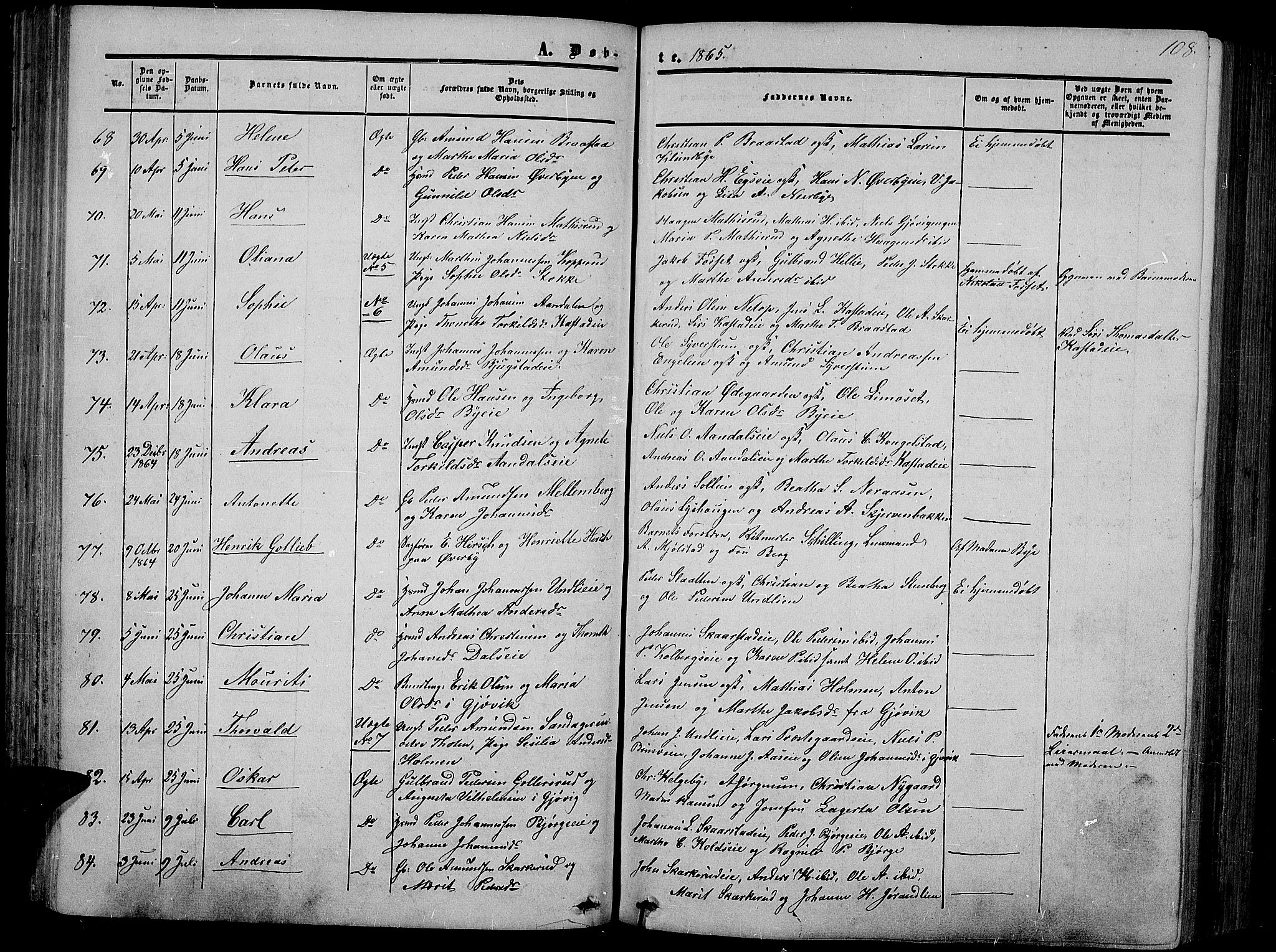 Vardal prestekontor, AV/SAH-PREST-100/H/Ha/Hab/L0005: Parish register (copy) no. 5, 1854-1868, p. 108