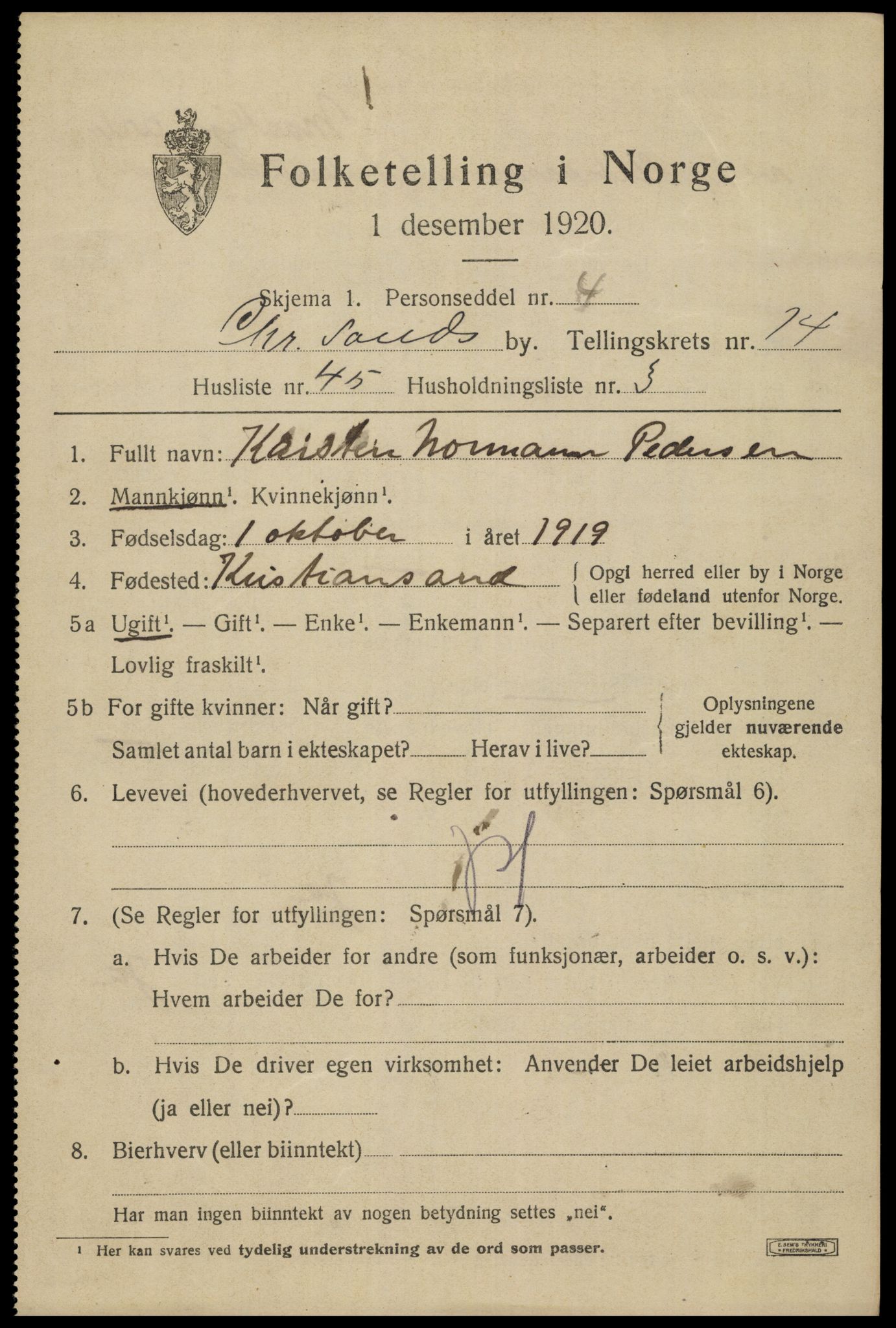 SAK, 1920 census for Kristiansand, 1920, p. 29665