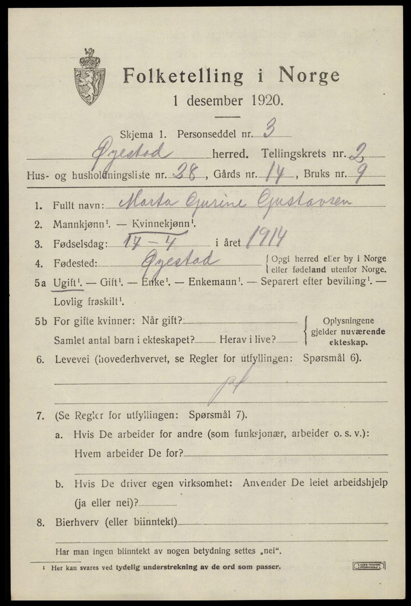 SAK, 1920 census for Øyestad, 1920, p. 2622