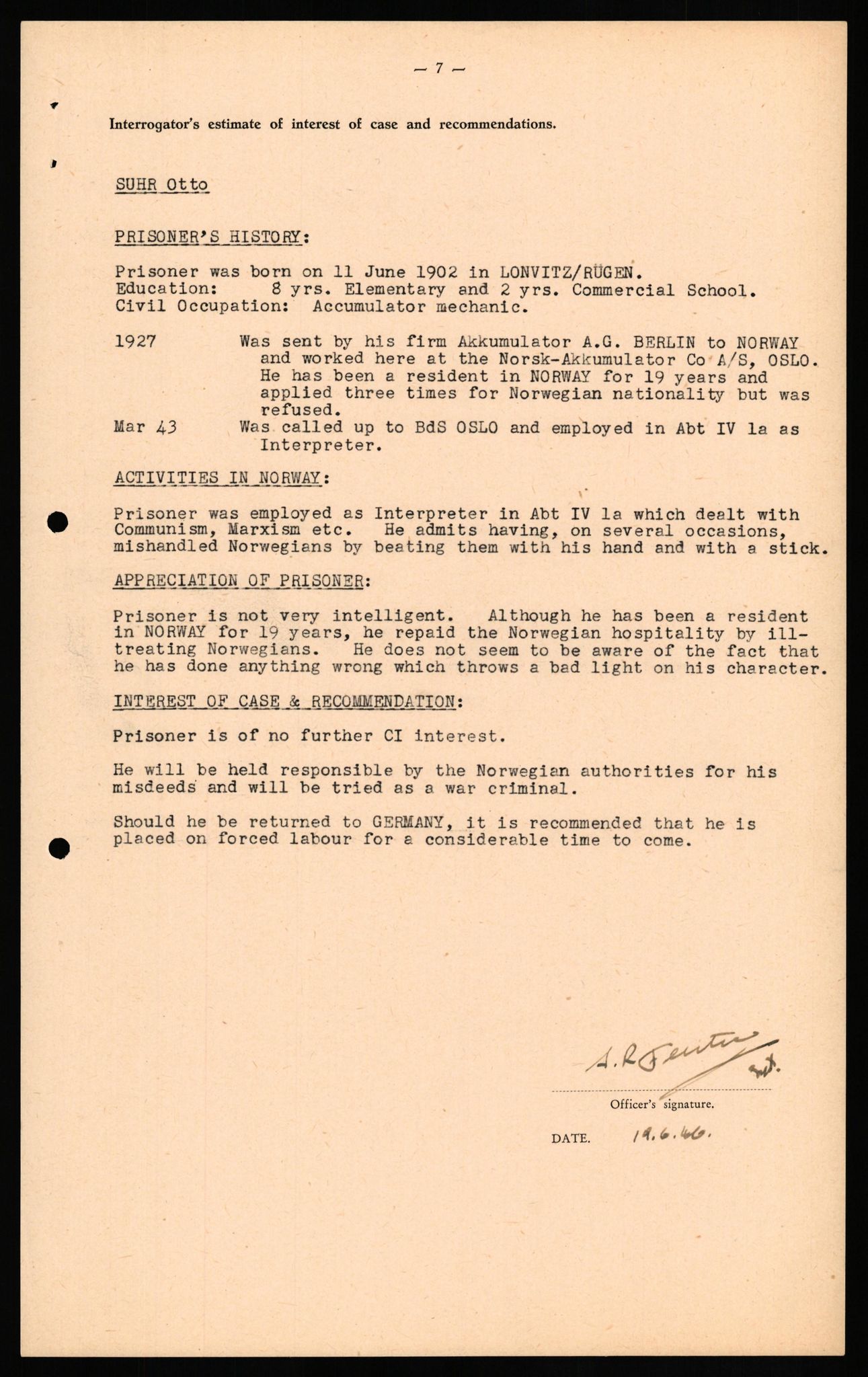 Forsvaret, Forsvarets overkommando II, RA/RAFA-3915/D/Db/L0033: CI Questionaires. Tyske okkupasjonsstyrker i Norge. Tyskere., 1945-1946, p. 321