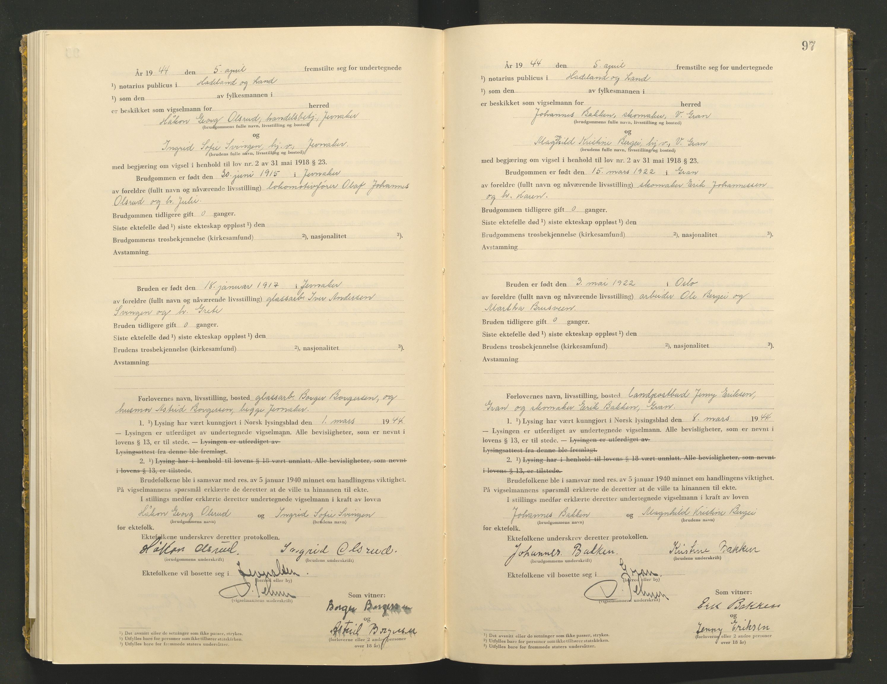 Hadeland og Land tingrett, AV/SAH-TING-010/L/Lb/L0002: Vigselbok, 1943-1944, p. 97