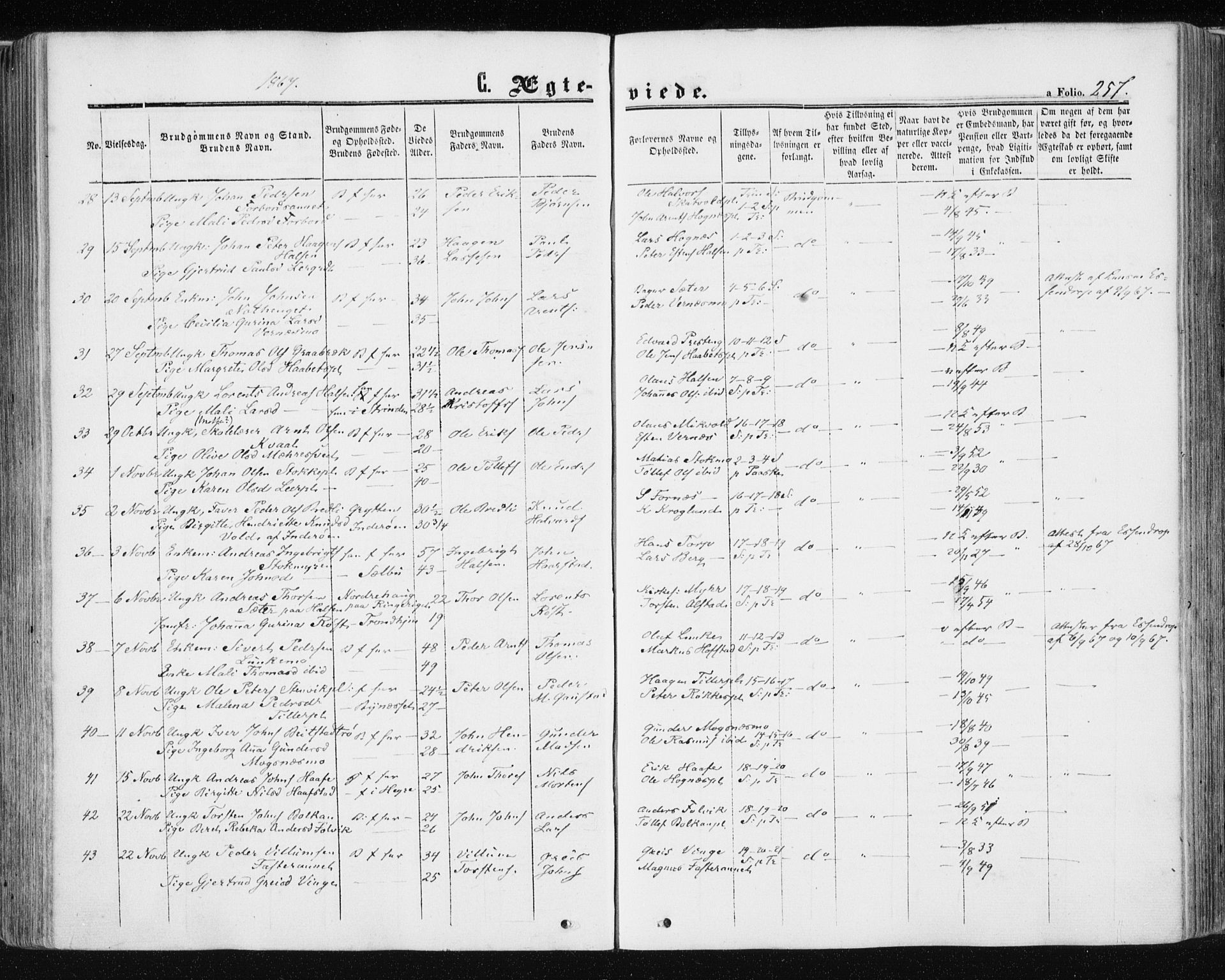 Ministerialprotokoller, klokkerbøker og fødselsregistre - Nord-Trøndelag, SAT/A-1458/709/L0075: Parish register (official) no. 709A15, 1859-1870, p. 257