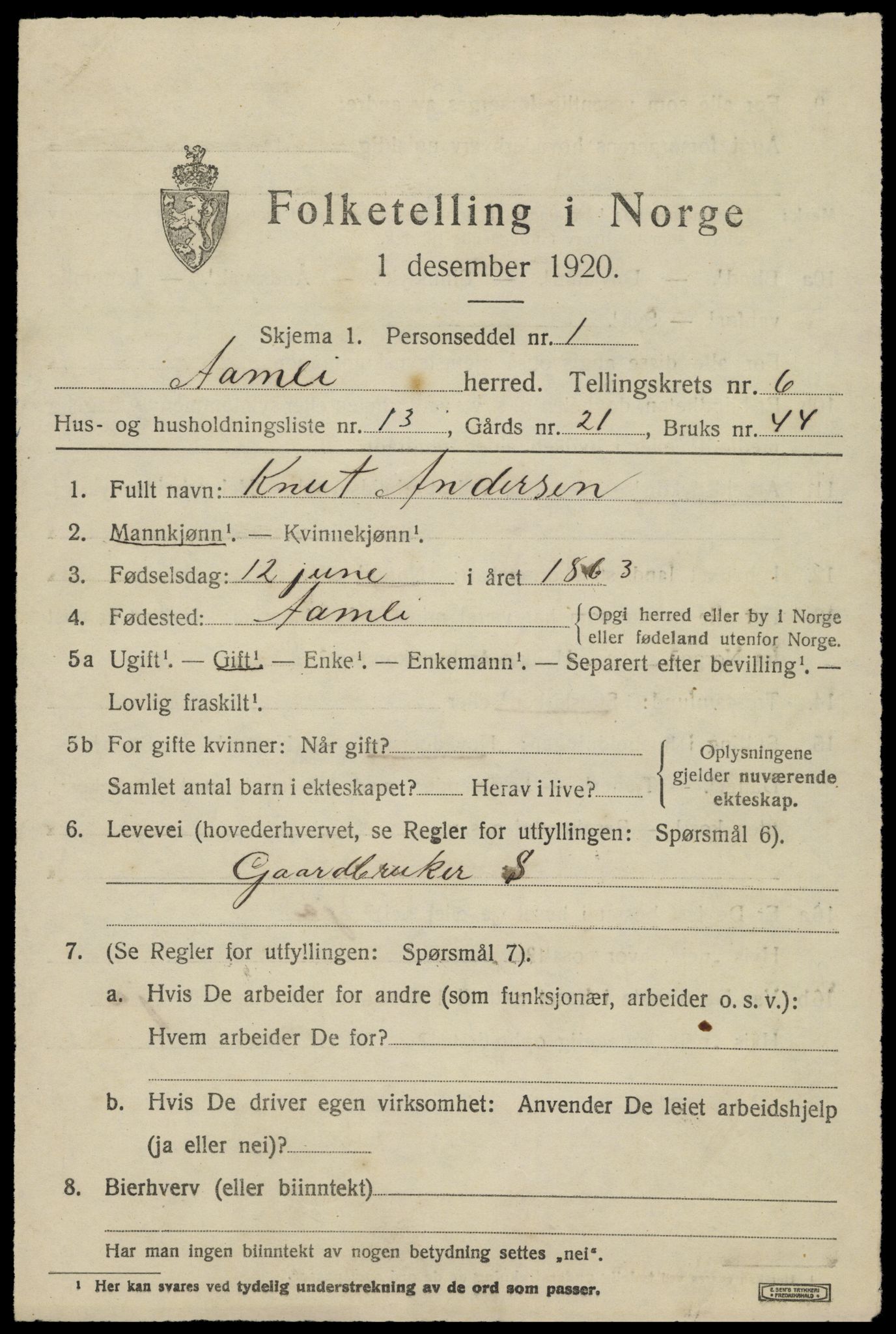 SAK, 1920 census for Åmli, 1920, p. 2759