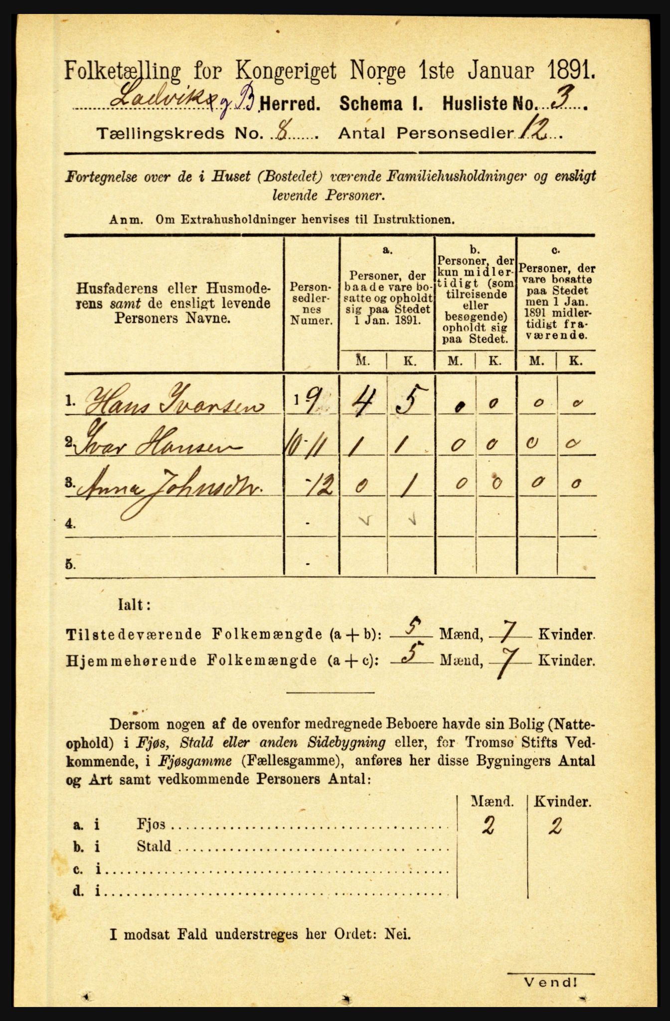 RA, 1891 census for 1415 Lavik og Brekke, 1891, p. 1465