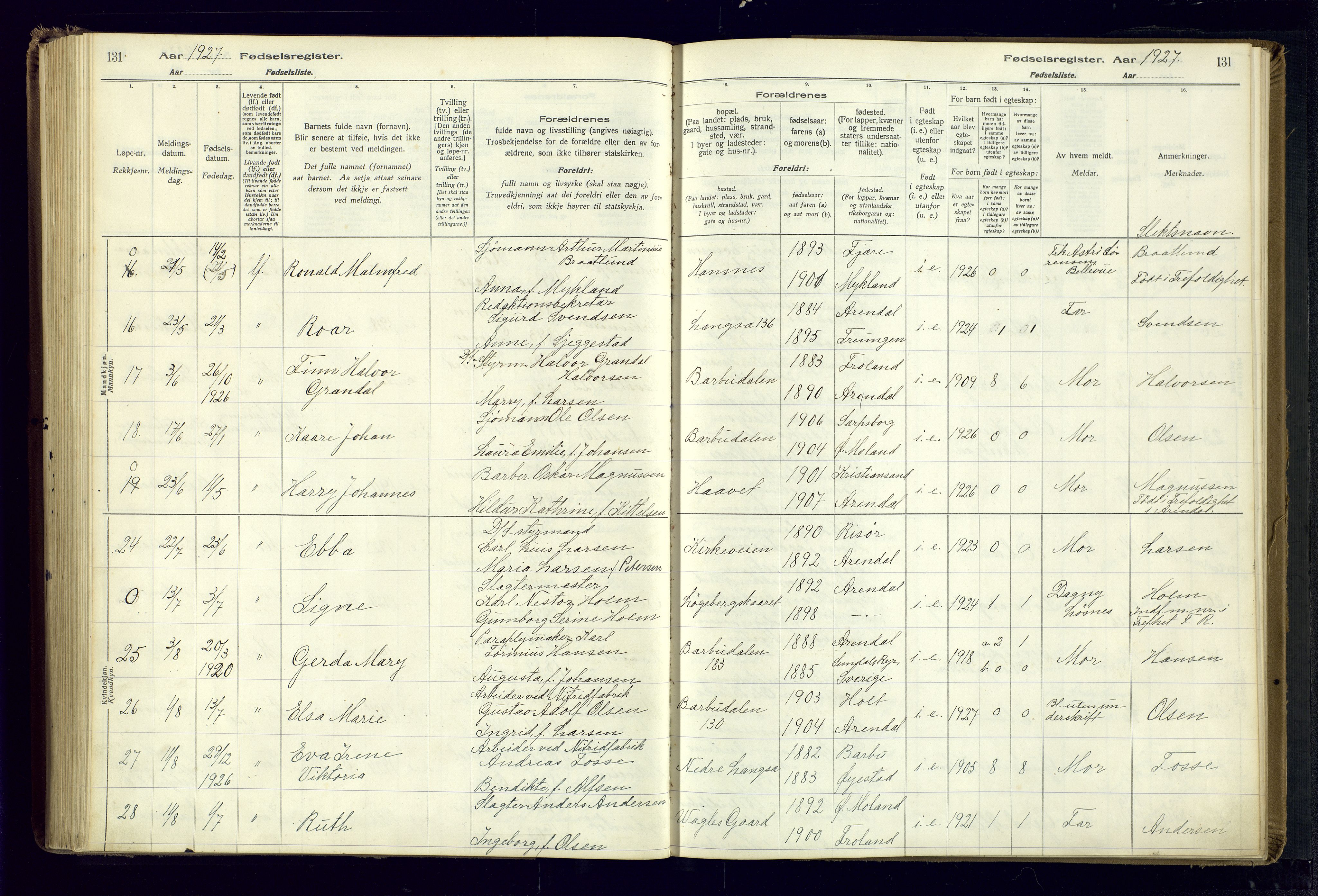 Barbu sokneprestkontor, SAK/1111-0003/J/Ja/L0001: Birth register no. A-VIII-1, 1916-1937, p. 131