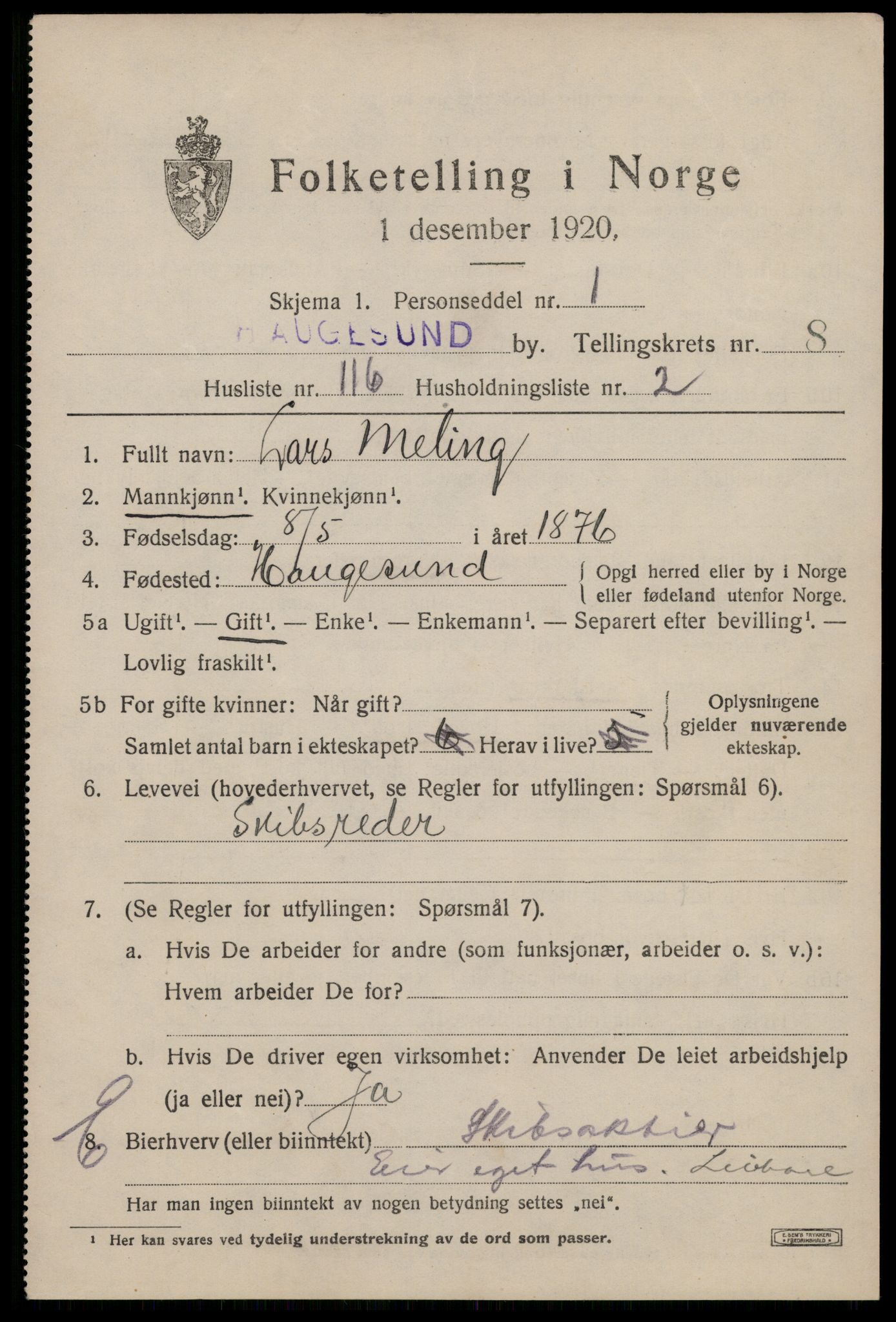 SAST, 1920 census for Haugesund, 1920, p. 29665