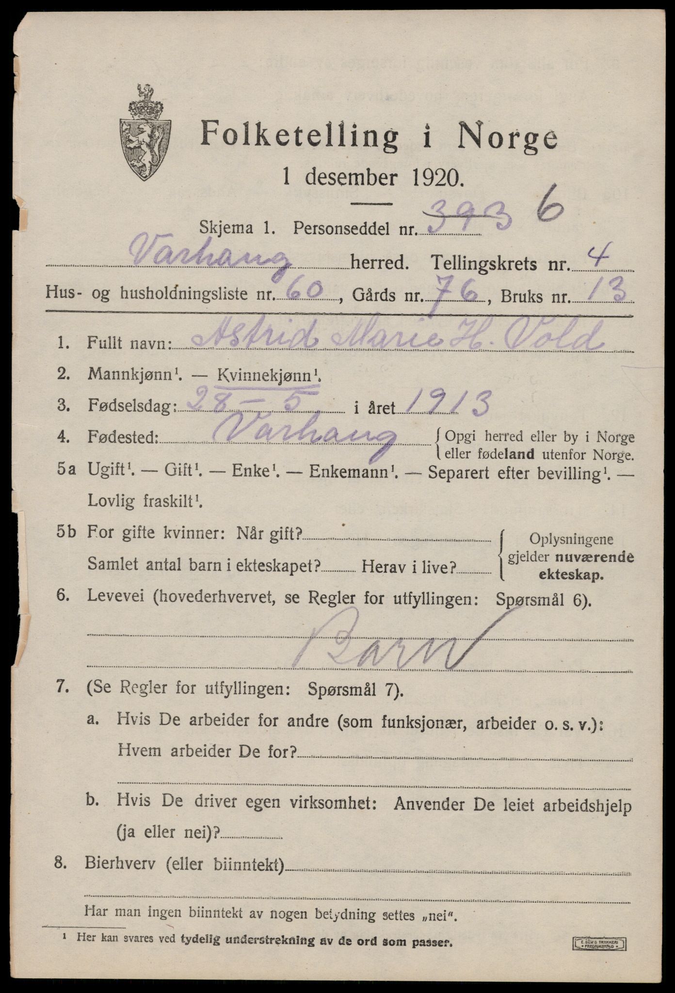 SAST, 1920 census for Varhaug, 1920, p. 4413