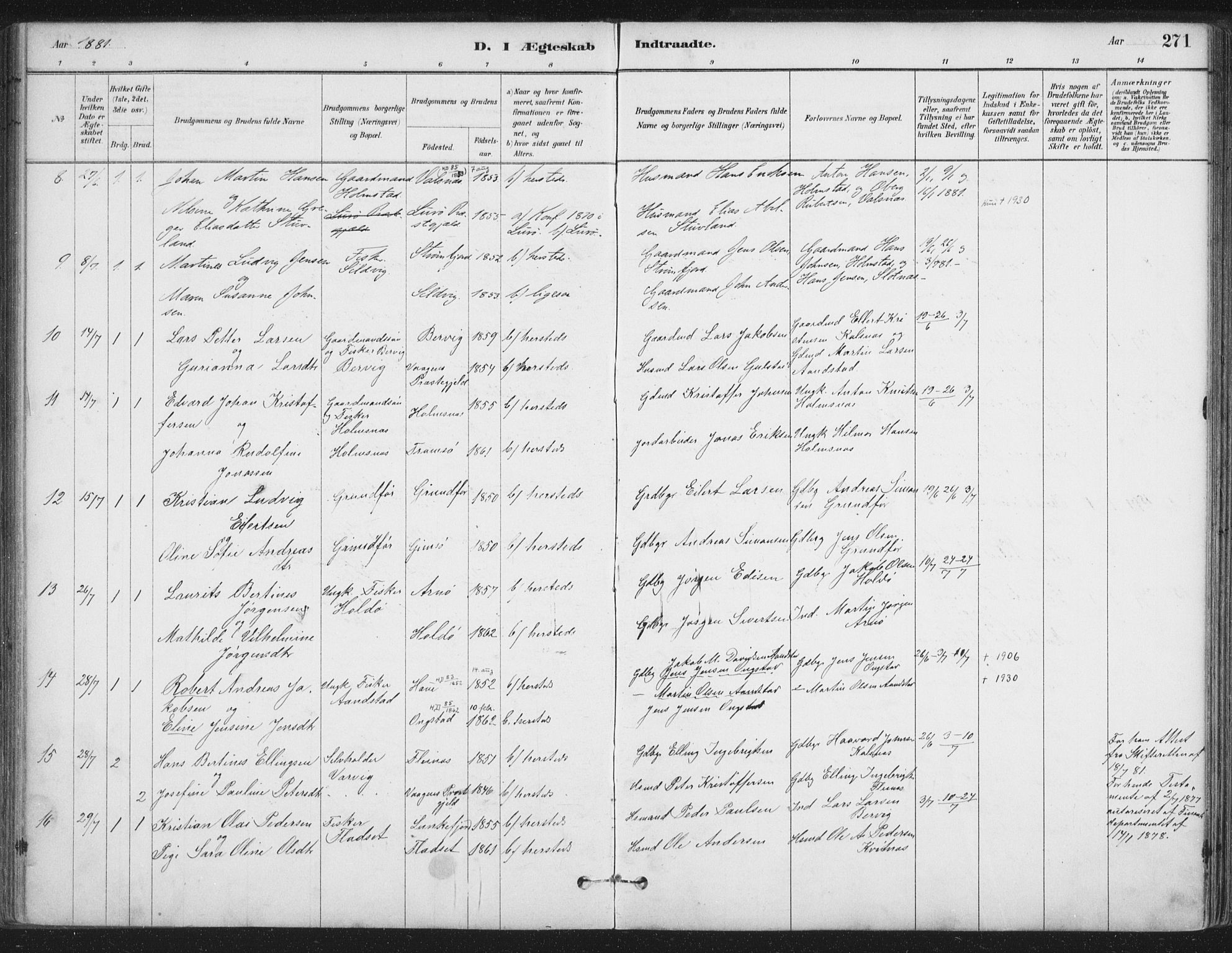 Ministerialprotokoller, klokkerbøker og fødselsregistre - Nordland, SAT/A-1459/888/L1244: Parish register (official) no. 888A10, 1880-1890, p. 271