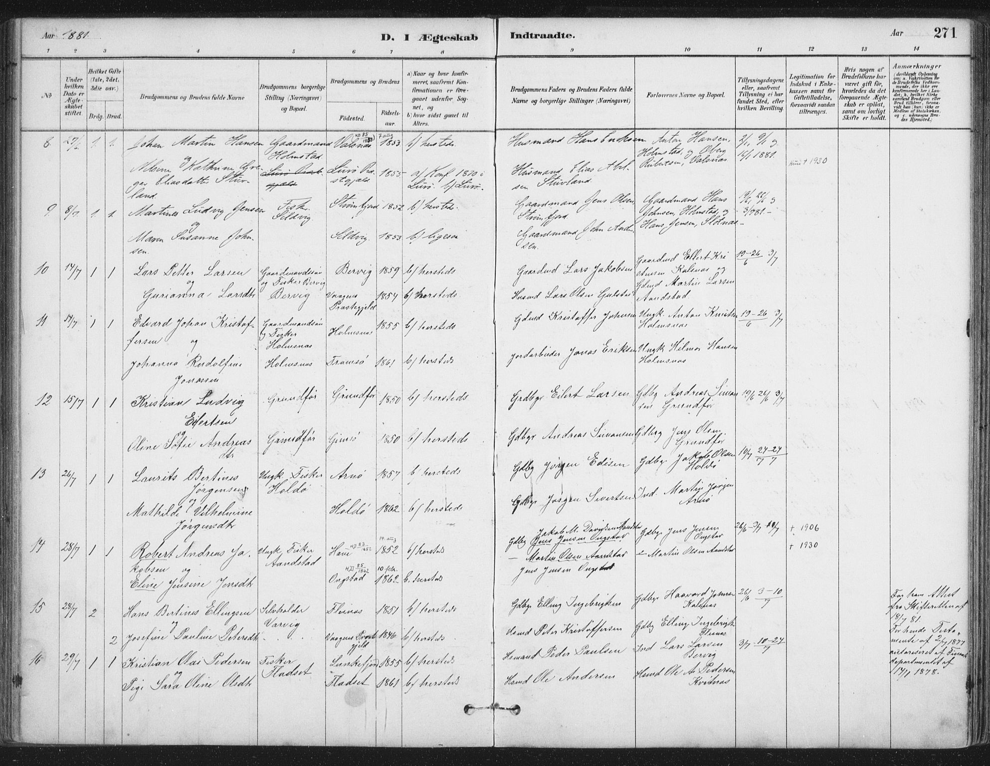 Ministerialprotokoller, klokkerbøker og fødselsregistre - Nordland, AV/SAT-A-1459/888/L1244: Parish register (official) no. 888A10, 1880-1890, p. 271