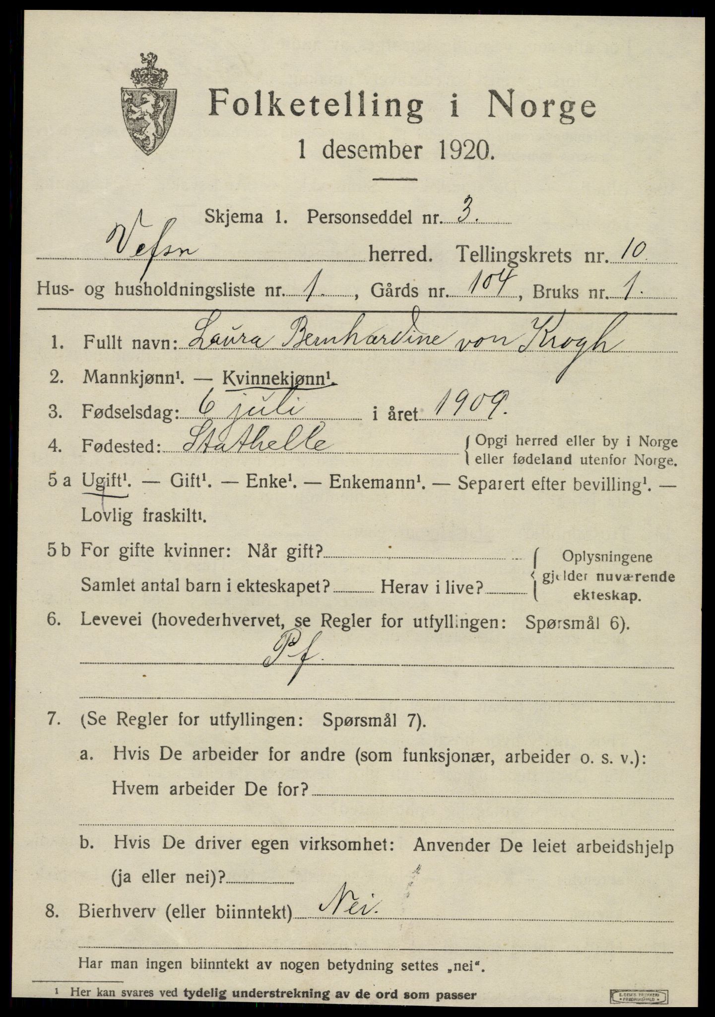 SAT, 1920 census for Vefsn, 1920, p. 6899