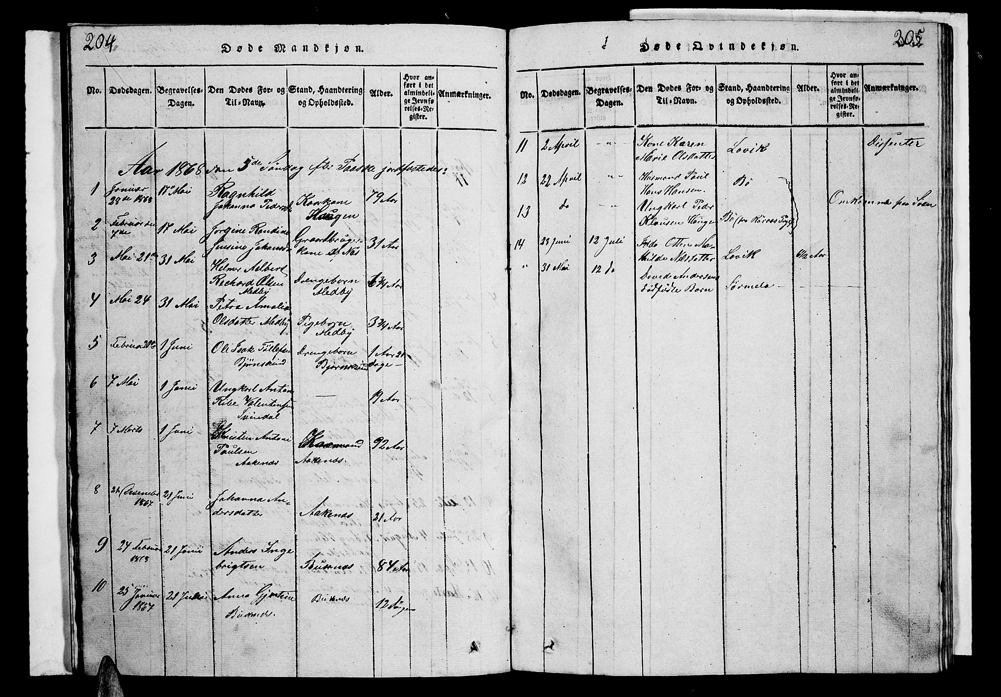 Ministerialprotokoller, klokkerbøker og fødselsregistre - Nordland, SAT/A-1459/899/L1446: Parish register (copy) no. 899C01, 1820-1868, p. 204-205