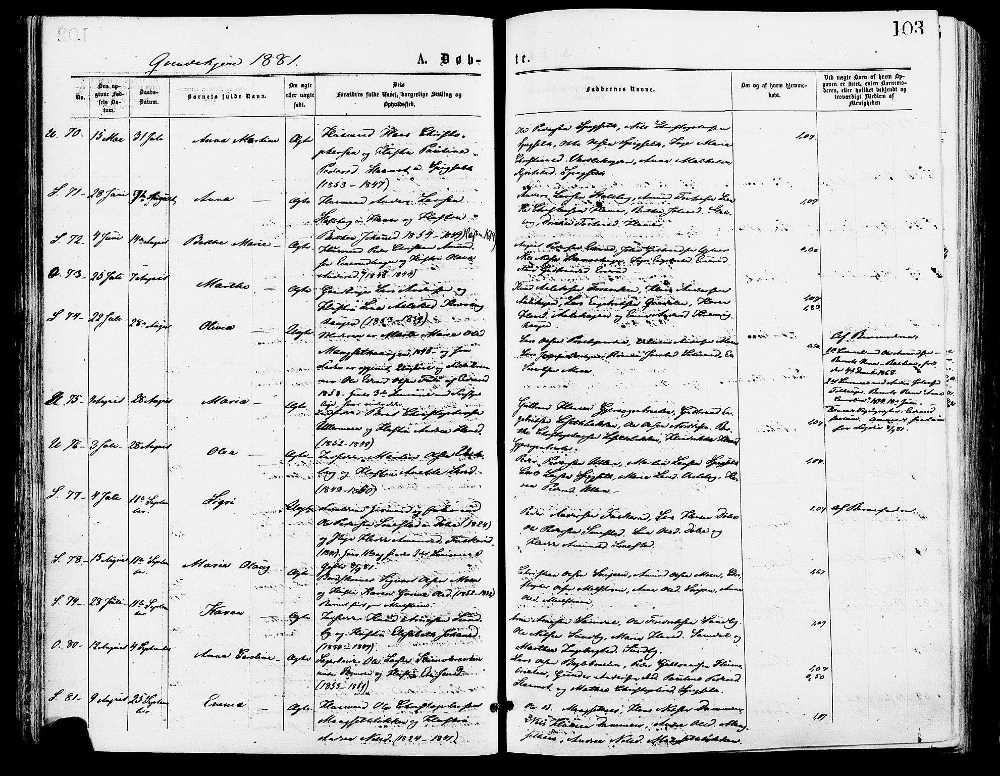 Sør-Odal prestekontor, SAH/PREST-030/H/Ha/Haa/L0005: Parish register (official) no. 5, 1876-1885, p. 103