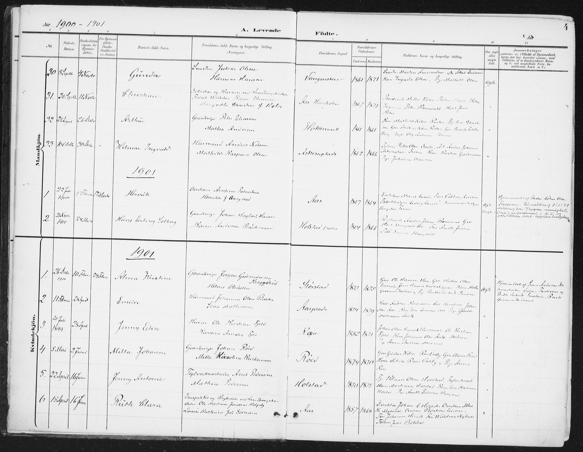 Ås prestekontor Kirkebøker, SAO/A-10894/F/Fa/L0010: Parish register (official) no. I 10, 1900-1918, p. 4
