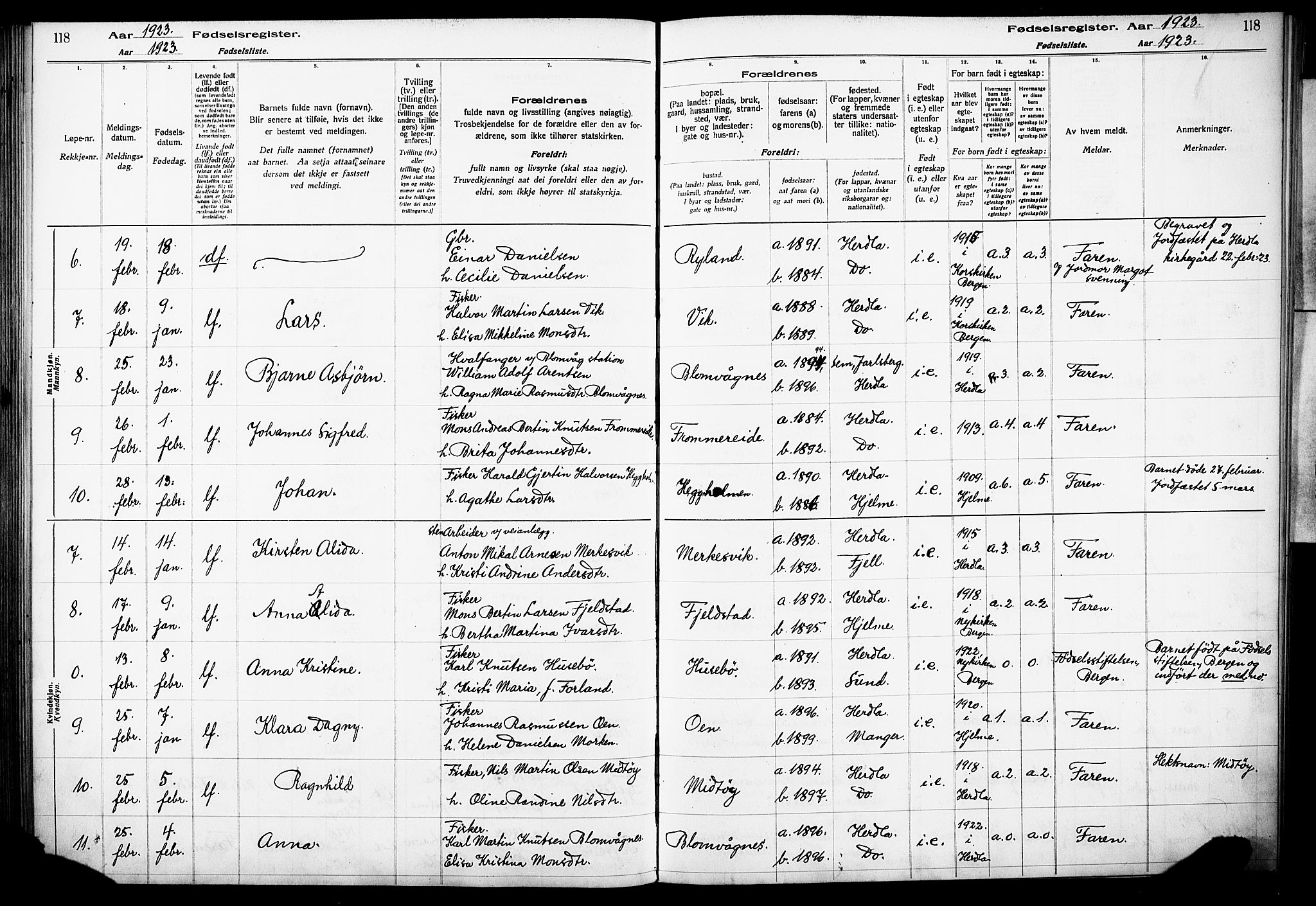 Herdla Sokneprestembete, AV/SAB-A-75701/I/Id/L00A1: Birth register no. A 1, 1916-1929, p. 118