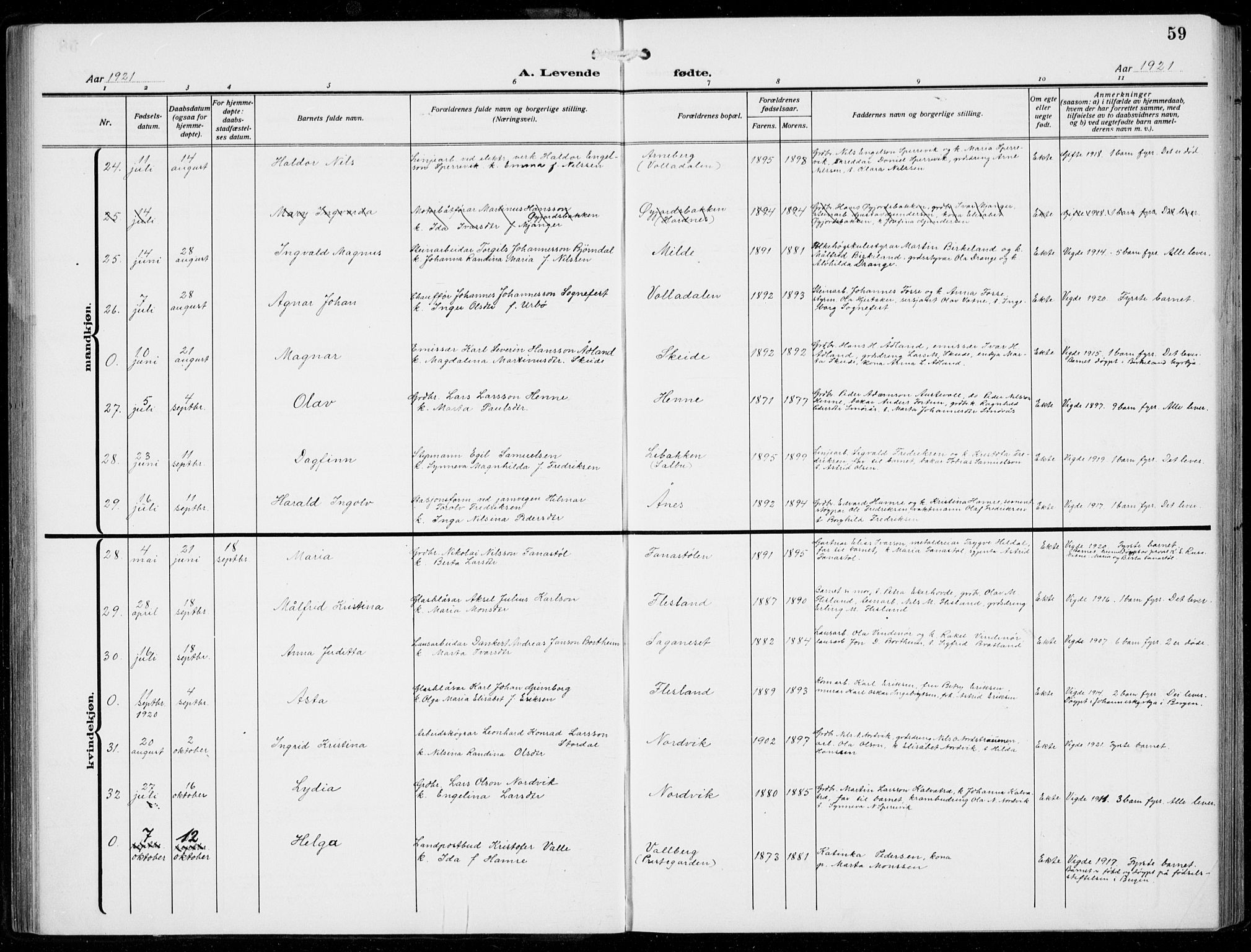 Fana Sokneprestembete, AV/SAB-A-75101/H/Hab/Haba/L0005: Parish register (copy) no. A 5, 1911-1932, p. 59