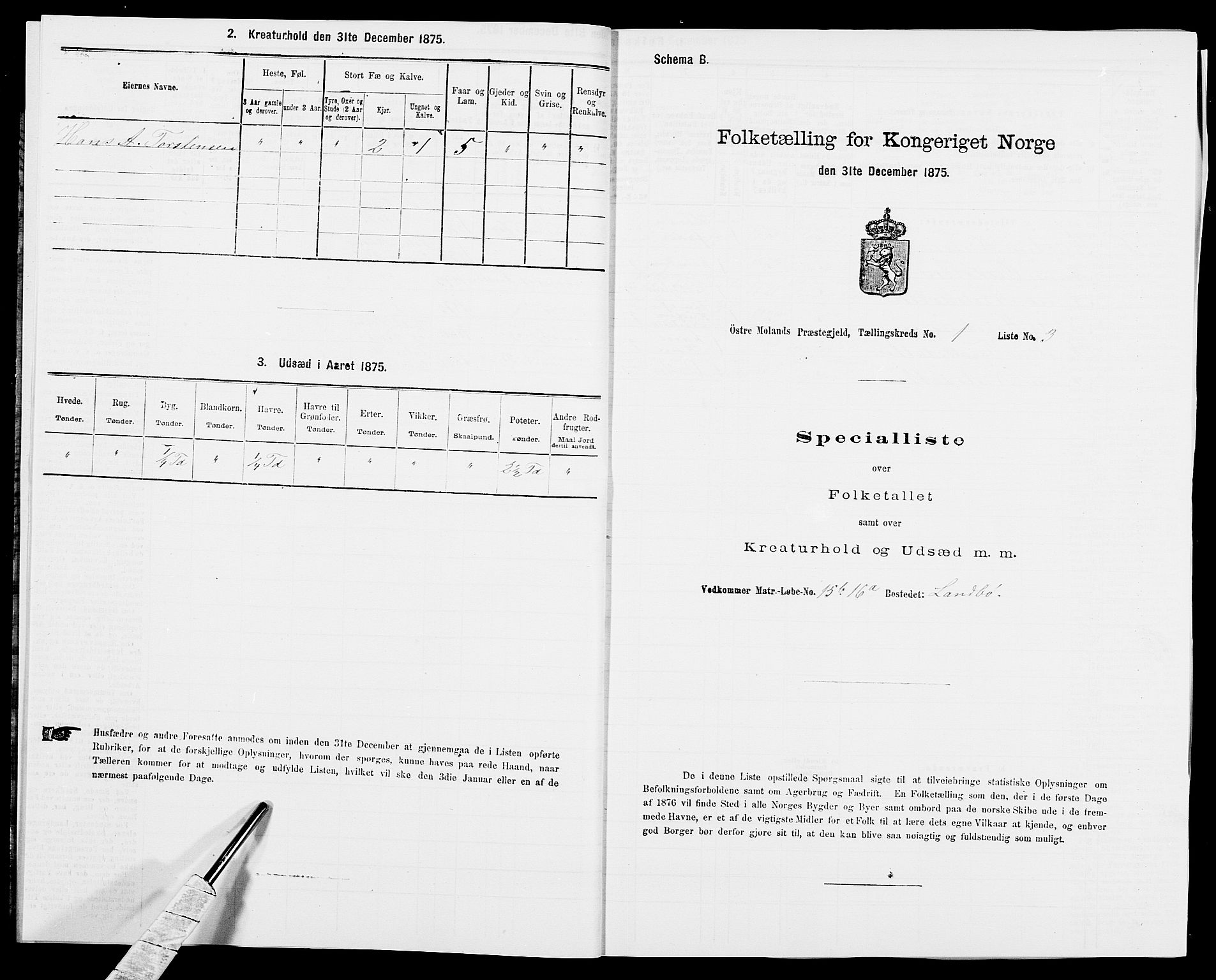 SAK, 1875 census for 0918P Austre Moland, 1875, p. 2727