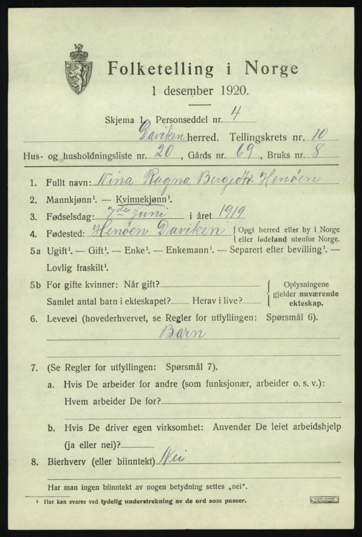 SAB, 1920 census for Davik, 1920, p. 5363