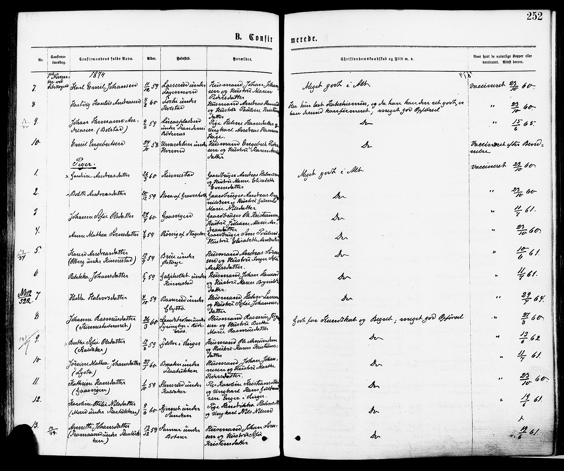 Høland prestekontor Kirkebøker, AV/SAO-A-10346a/F/Fa/L0012.a: Parish register (official) no. I 12A, 1869-1879, p. 252