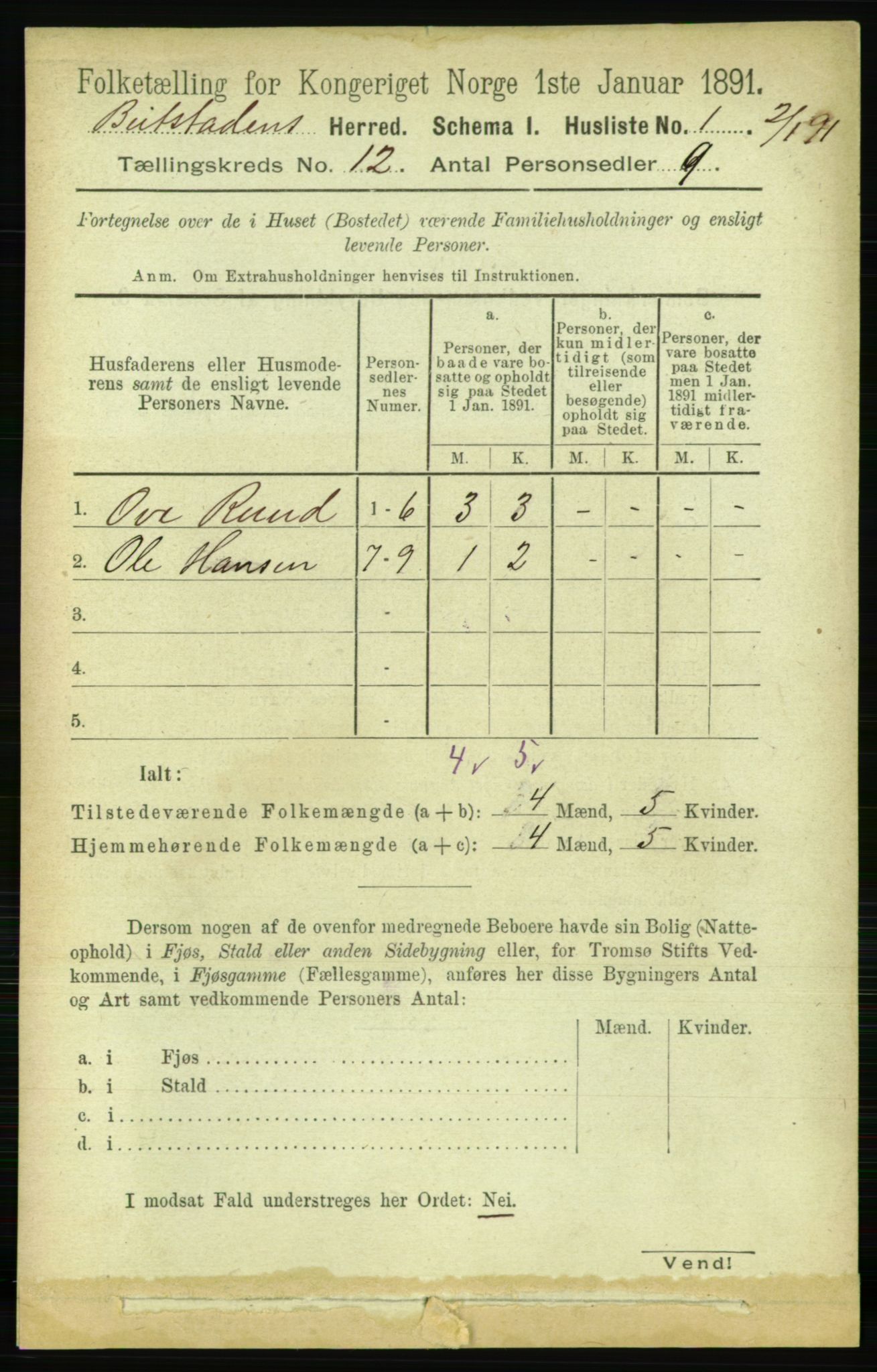 RA, 1891 census for 1727 Beitstad, 1891, p. 3326