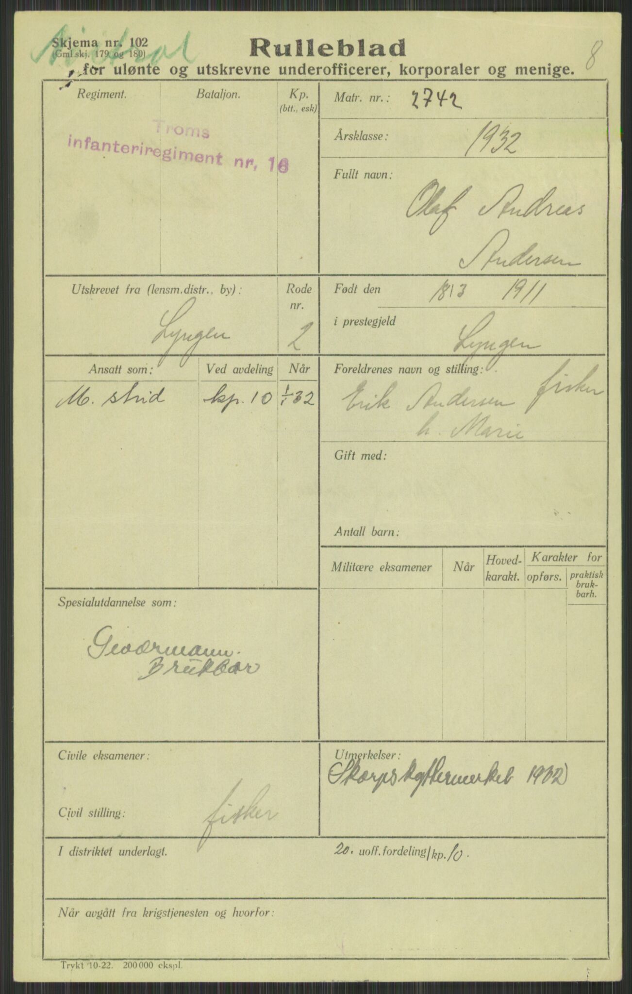 Forsvaret, Troms infanteriregiment nr. 16, AV/RA-RAFA-3146/P/Pa/L0016: Rulleblad for regimentets menige mannskaper, årsklasse 1932, 1932, p. 19