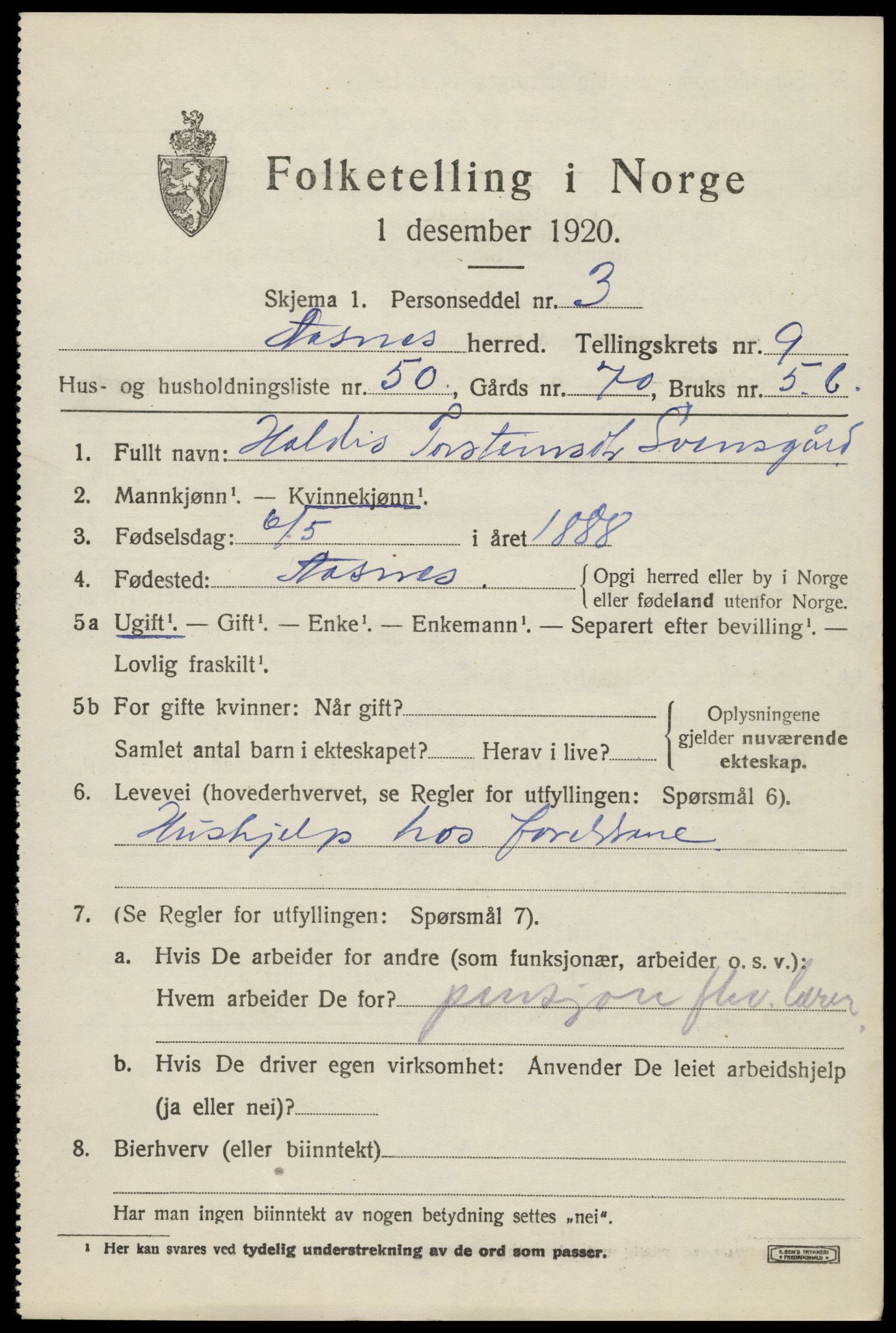 SAH, 1920 census for Åsnes, 1920, p. 10426