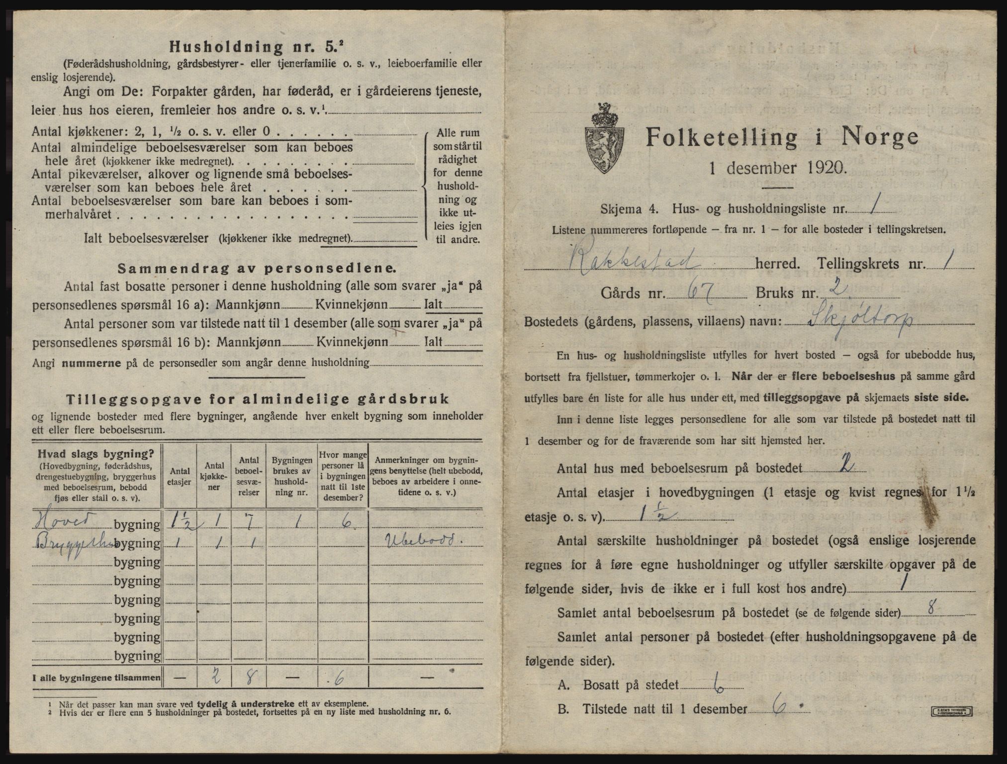 SAO, 1920 census for Rakkestad, 1920, p. 47
